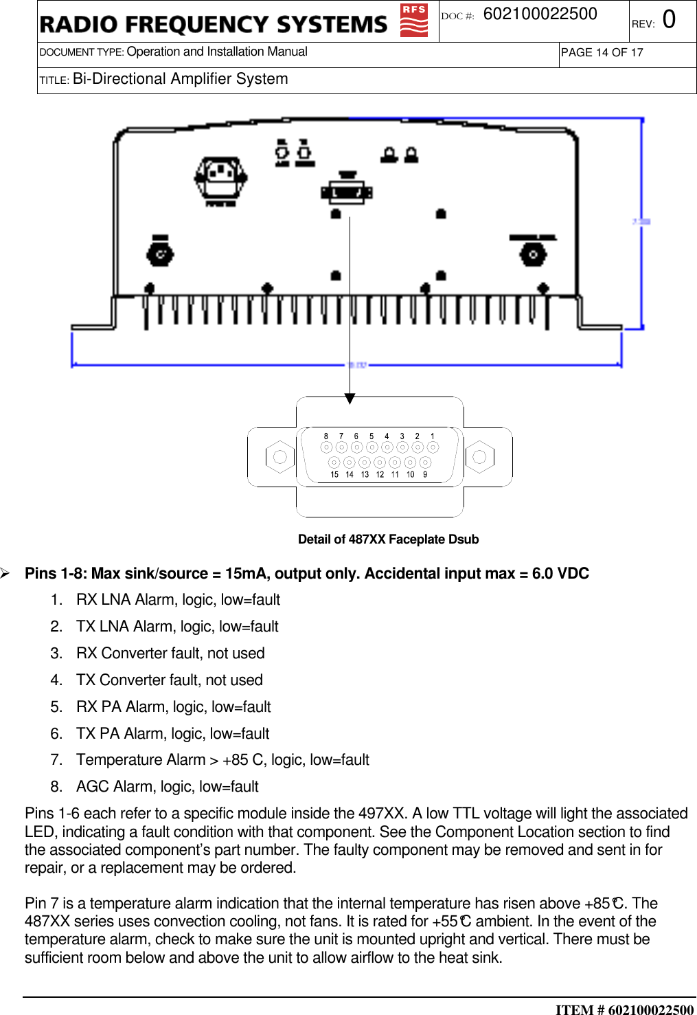  ITEM # 602100022500     DOCUMENT TYPE: Operation and Installation Manual REV: 0 DOC #:  602100022500 PAGE 14 OF 17      TITLE: Bi-Directional Amplifier System                          Detail of 487XX Faceplate Dsub  Pins 1-8: Max sink/source = 15mA, output only. Accidental input max = 6.0 VDC 1.  RX LNA Alarm, logic, low=fault 2.  TX LNA Alarm, logic, low=fault 3.  RX Converter fault, not used  4.  TX Converter fault, not used  5.  RX PA Alarm, logic, low=fault 6.  TX PA Alarm, logic, low=fault 7.  Temperature Alarm &gt; +85 C, logic, low=fault 8.  AGC Alarm, logic, low=fault Pins 1-6 each refer to a specific module inside the 497XX. A low TTL voltage will light the associated LED, indicating a fault condition with that component. See the Component Location section to find the associated component’s part number. The faulty component may be removed and sent in for repair, or a replacement may be ordered. Pin 7 is a temperature alarm indication that the internal temperature has risen above +85°C. The 487XX series uses convection cooling, not fans. It is rated for +55°C ambient. In the event of the temperature alarm, check to make sure the unit is mounted upright and vertical. There must be sufficient room below and above the unit to allow airflow to the heat sink. 