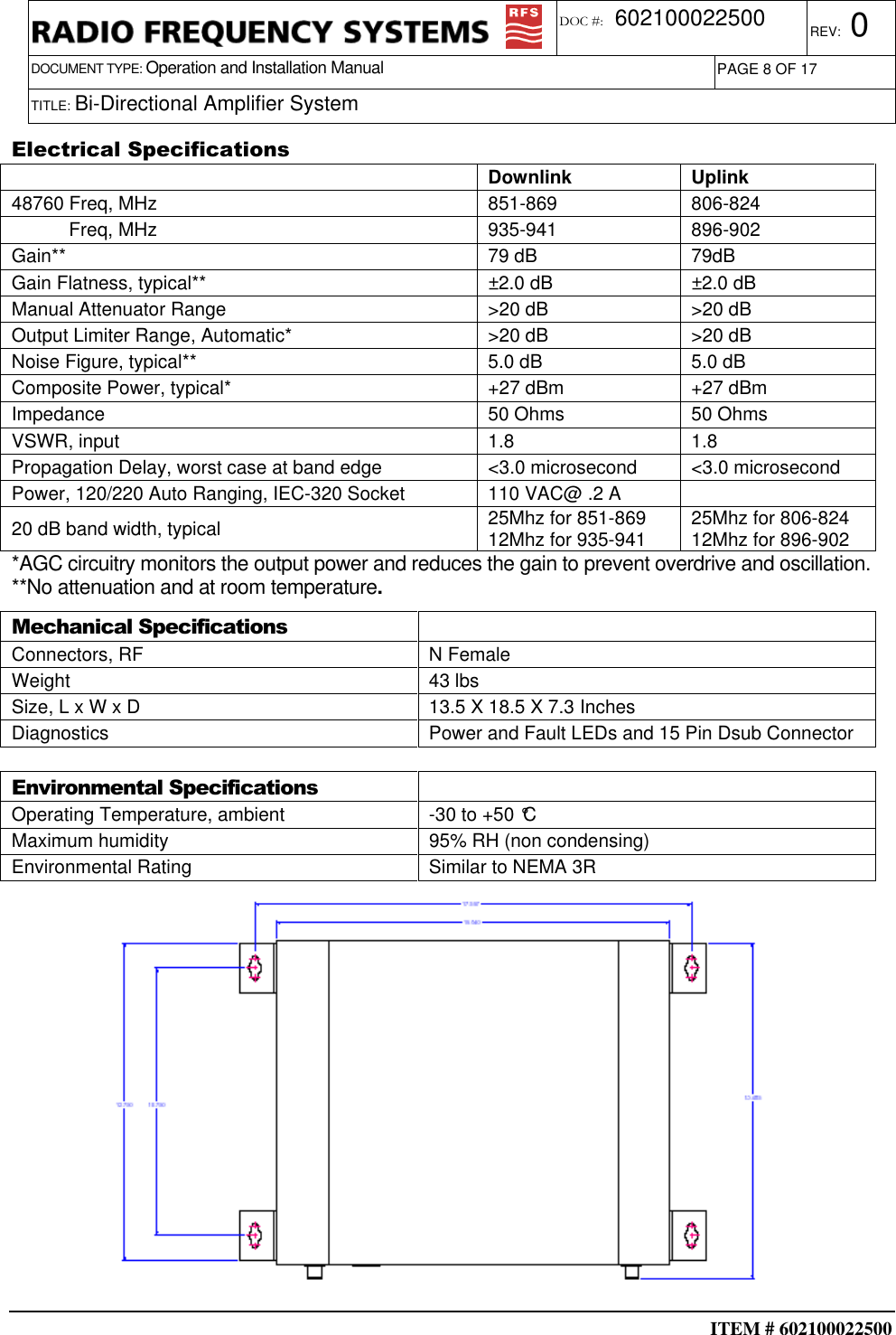  ITEM # 602100022500     DOCUMENT TYPE: Operation and Installation Manual REV: 0 DOC #:  602100022500 PAGE 8 OF 17      TITLE: Bi-Directional Amplifier System     Electrical Specifications     Downlink  Uplink 48760 Freq, MHz  851-869  806-824            Freq, MHz  935-941  896-902 Gain**  79 dB  79dB Gain Flatness, typical**  ±2.0 dB  ±2.0 dB Manual Attenuator Range  &gt;20 dB  &gt;20 dB Output Limiter Range, Automatic*  &gt;20 dB  &gt;20 dB Noise Figure, typical**  5.0 dB  5.0 dB Composite Power, typical*  +27 dBm  +27 dBm Impedance  50 Ohms  50 Ohms VSWR, input  1.8  1.8 Propagation Delay, worst case at band edge  &lt;3.0 microsecond  &lt;3.0 microsecond Power, 120/220 Auto Ranging, IEC-320 Socket  110 VAC@ .2 A   20 dB band width, typical  25Mhz for 851-869 12Mhz for 935-941  25Mhz for 806-824 12Mhz for 896-902 *AGC circuitry monitors the output power and reduces the gain to prevent overdrive and oscillation. **No attenuation and at room temperature. Mechanical Specifications  Connectors, RF  N Female Weight  43 lbs  Size, L x W x D  13.5 X 18.5 X 7.3 Inches  Diagnostics  Power and Fault LEDs and 15 Pin Dsub Connector  Environmental Specifications  Operating Temperature, ambient  -30 to +50 °C Maximum humidity  95% RH (non condensing) Environmental Rating  Similar to NEMA 3R  