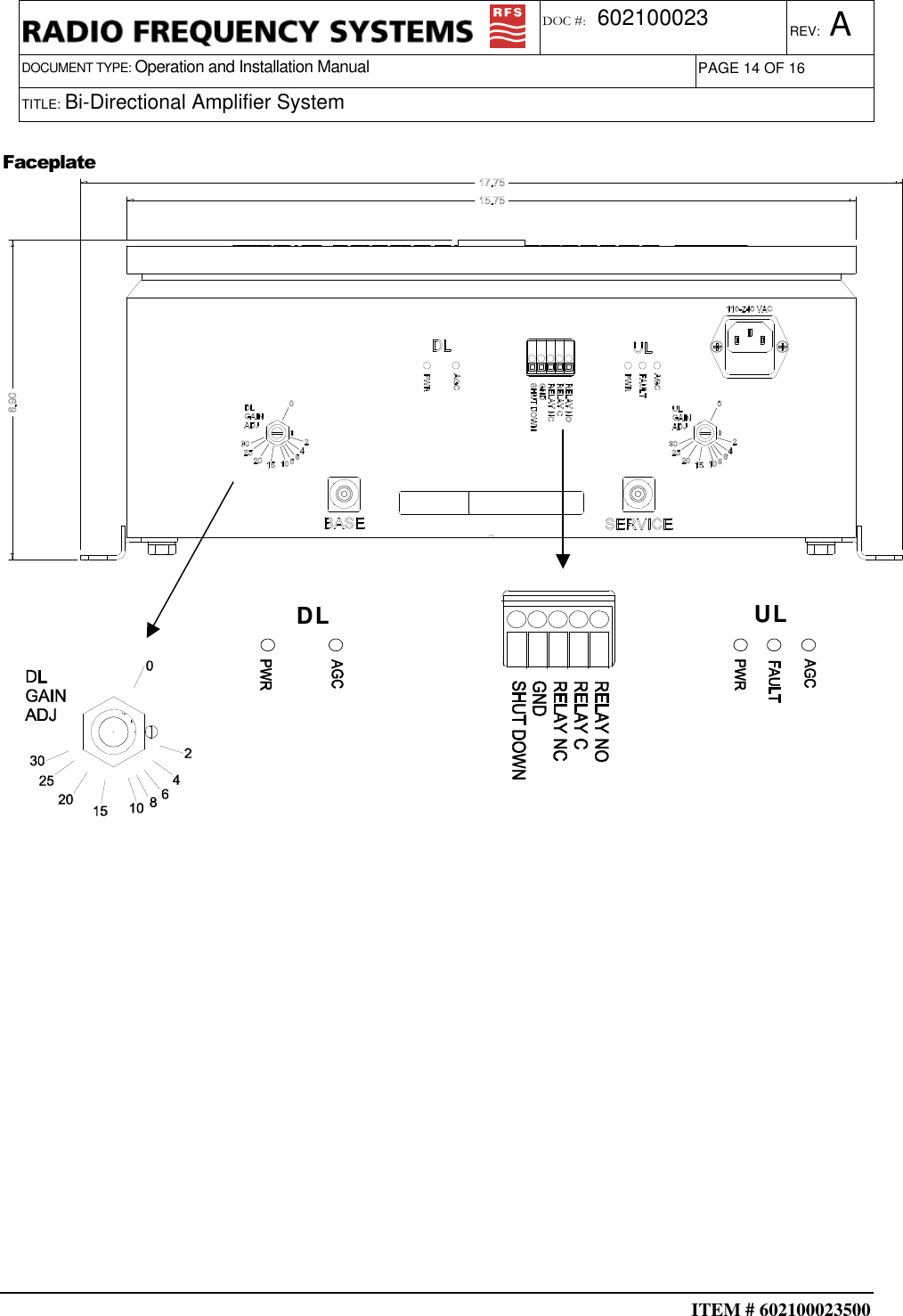  ITEM # 602100023500     DOCUMENT TYPE: Operation and Installation Manual REV: A DOC #:  602100023 PAGE 14 OF 16      TITLE: Bi-Directional Amplifier System      Faceplate  DL UL