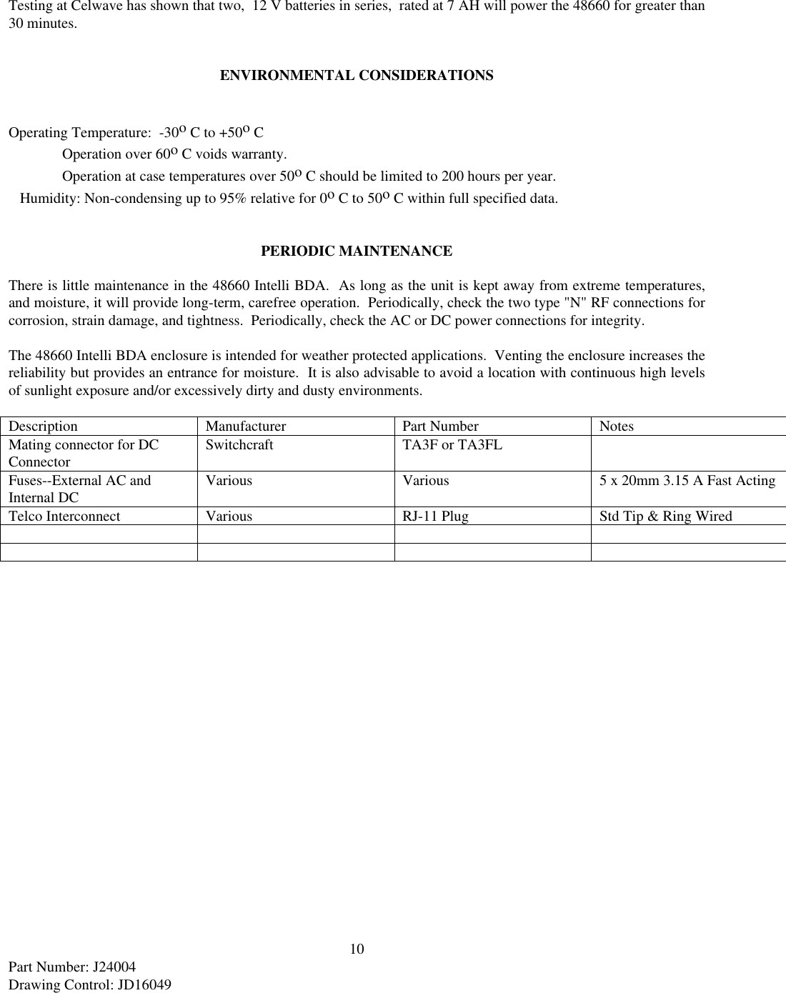 10Part Number: J24004Drawing Control: JD16049Testing at Celwave has shown that two,  12 V batteries in series,  rated at 7 AH will power the 48660 for greater than30 minutes.ENVIRONMENTAL CONSIDERATIONSOperating Temperature:  -30o C to +50o C    Operation over 60o C voids warranty.    Operation at case temperatures over 50o C should be limited to 200 hours per year.   Humidity: Non-condensing up to 95% relative for 0o C to 50o C within full specified data.PERIODIC MAINTENANCEThere is little maintenance in the 48660 Intelli BDA.  As long as the unit is kept away from extreme temperatures,and moisture, it will provide long-term, carefree operation.  Periodically, check the two type &quot;N&quot; RF connections forcorrosion, strain damage, and tightness.  Periodically, check the AC or DC power connections for integrity.The 48660 Intelli BDA enclosure is intended for weather protected applications.  Venting the enclosure increases thereliability but provides an entrance for moisture.  It is also advisable to avoid a location with continuous high levelsof sunlight exposure and/or excessively dirty and dusty environments.Description Manufacturer Part Number NotesMating connector for DCConnector Switchcraft TA3F or TA3FLFuses--External AC andInternal DC Various Various 5 x 20mm 3.15 A Fast ActingTelco Interconnect Various RJ-11 Plug Std Tip &amp; Ring Wired