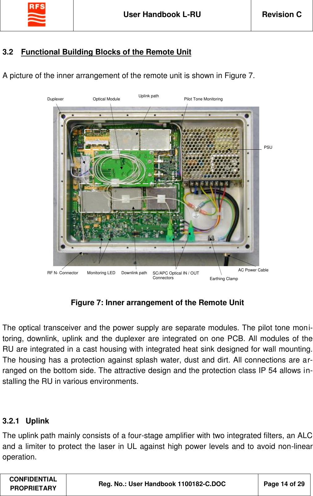  User Handbook L-RU  Revision C  CONFIDENTIAL PROPRIETARY Reg. No.: User Handbook 1100182-C.DOC   Page 14 of 29  3.2  Functional Building Blocks of the Remote Unit  A picture of the inner arrangement of the remote unit is shown in Figure 7.        AC Power Cable SC/APC Optical IN / OUT Connectors RF N- Connector PSU Monitoring LED Downlink path Earthing Clamp Uplink path  Pilot Tone Monitoring Optical Module Duplexer  Figure 7: Inner arrangement of the Remote Unit  The optical transceiver and the power supply are separate modules. The pilot tone moni-toring, downlink, uplink and the duplexer are integrated on one PCB. All modules of the RU are integrated in a cast housing with integrated heat sink designed for wall mounting. The housing has a protection against splash water, dust and dirt. All connections are ar-ranged on the bottom side. The attractive design and the protection class IP 54 allows in-stalling the RU in various environments.   3.2.1  Uplink The uplink path mainly consists of a four-stage amplifier with two integrated filters, an ALC and a limiter to protect the laser in UL against high power levels and to avoid non-linear operation. 