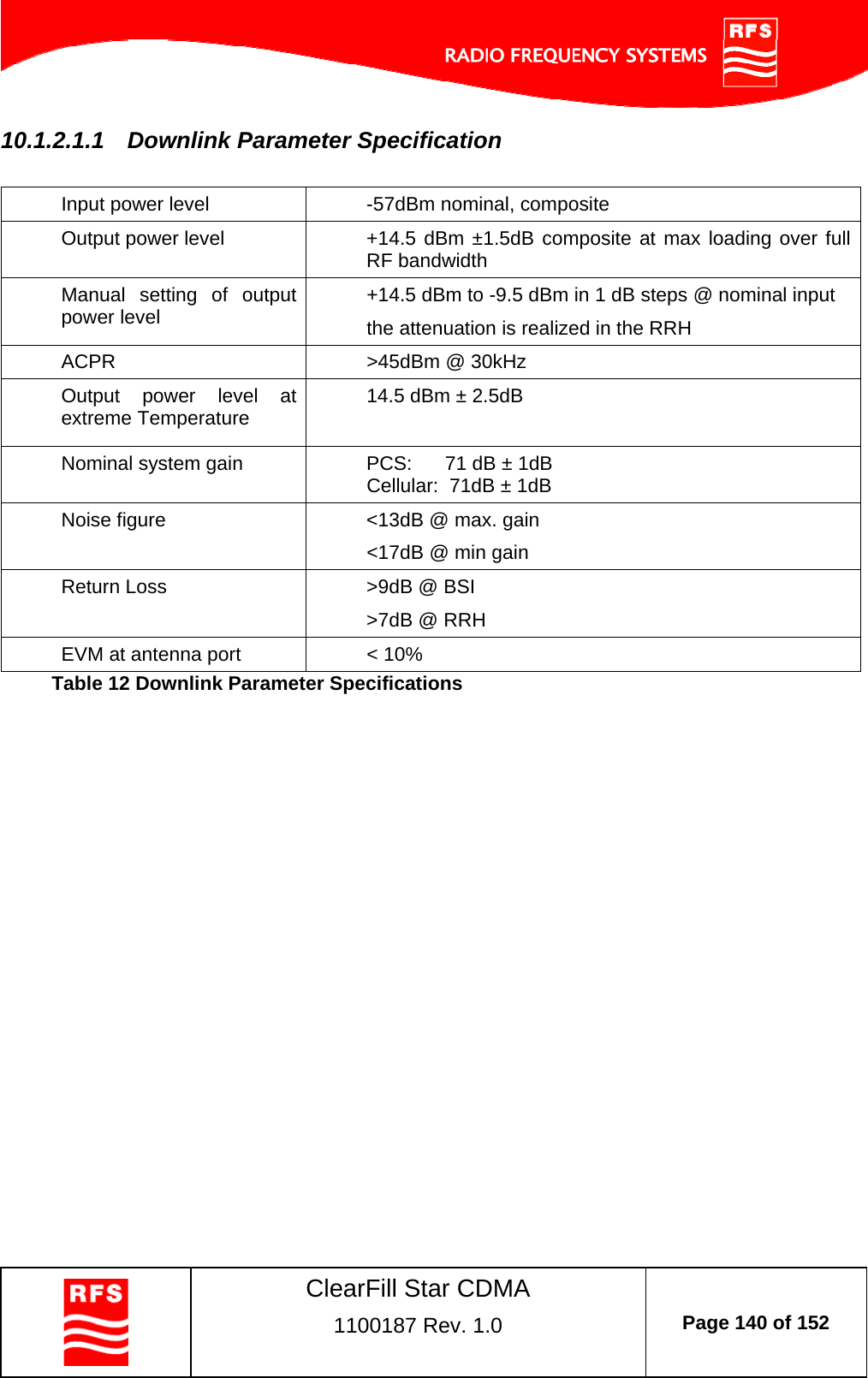    ClearFill Star CDMA  1100187 Rev. 1.0  Page 140 of 152  10.1.2.1.1  Downlink Parameter Specification  Input power level  -57dBm nominal, composite Output power level  +14.5 dBm ±1.5dB composite at max loading over full RF bandwidth Manual setting of output power level  +14.5 dBm to -9.5 dBm in 1 dB steps @ nominal input the attenuation is realized in the RRH ACPR  &gt;45dBm @ 30kHz  Output power level at extreme Temperature  14.5 dBm ± 2.5dB  Nominal system gain  PCS:      71 dB ± 1dB Cellular:  71dB ± 1dB Noise figure  &lt;13dB @ max. gain &lt;17dB @ min gain Return Loss  &gt;9dB @ BSI &gt;7dB @ RRH EVM at antenna port  &lt; 10% Table 12 Downlink Parameter Specifications  