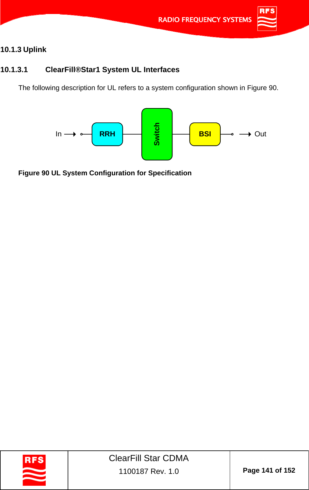    ClearFill Star CDMA  1100187 Rev. 1.0  Page 141 of 152  10.1.3 Uplink  10.1.3.1  ClearFill®Star1 System UL Interfaces  The following description for UL refers to a system configuration shown in Figure 90.    BSISwitchRRHIn Out  Figure 90 UL System Configuration for Specification 