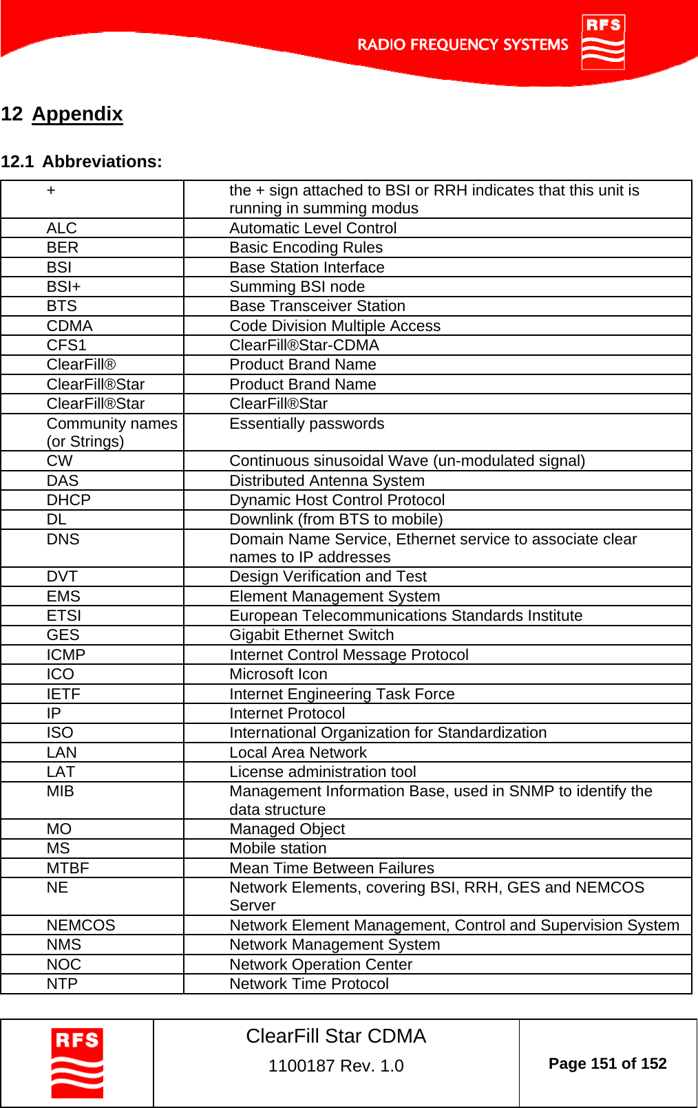    ClearFill Star CDMA  1100187 Rev. 1.0  Page 151 of 152  12 Appendix 12.1  Abbreviations: +  the + sign attached to BSI or RRH indicates that this unit is running in summing modus ALC  Automatic Level Control BER  Basic Encoding Rules BSI  Base Station Interface BSI+  Summing BSI node BTS  Base Transceiver Station CDMA  Code Division Multiple Access CFS1 ClearFill®Star-CDMA ClearFill®  Product Brand Name ClearFill®Star  Product Brand Name ClearFill®Star ClearFill®Star Community names (or Strings)  Essentially passwords CW  Continuous sinusoidal Wave (un-modulated signal) DAS  Distributed Antenna System DHCP  Dynamic Host Control Protocol DL  Downlink (from BTS to mobile) DNS  Domain Name Service, Ethernet service to associate clear names to IP addresses DVT  Design Verification and Test EMS   Element Management System ETSI  European Telecommunications Standards Institute GES  Gigabit Ethernet Switch ICMP  Internet Control Message Protocol ICO Microsoft Icon IETF  Internet Engineering Task Force IP Internet Protocol ISO  International Organization for Standardization LAN  Local Area Network LAT  License administration tool MIB  Management Information Base, used in SNMP to identify the data structure MO Managed Object MS Mobile station MTBF  Mean Time Between Failures NE  Network Elements, covering BSI, RRH, GES and NEMCOS Server NEMCOS  Network Element Management, Control and Supervision System NMS  Network Management System NOC  Network Operation Center NTP  Network Time Protocol 