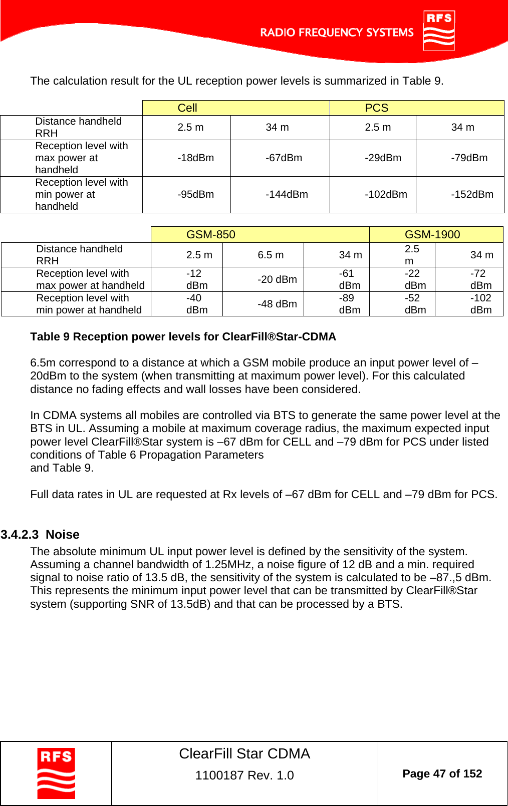    ClearFill Star CDMA  1100187 Rev. 1.0  Page 47 of 152  The calculation result for the UL reception power levels is summarized in Table 9.   Cell  PCS Distance handheld RRH   2.5 m  34 m  2.5 m  34 m Reception level with max power at handheld  -18dBm -67dBm  -29dBm -79dBm Reception level with min power at handheld  -95dBm -144dBm  -102dBm -152dBm   GSM-850  GSM-1900 Distance handheld RRH   2.5 m  6.5 m  34 m  2.5 m  34 m Reception level with max power at handheld  -12 dBm  -20 dBm  -61 dBm  -22 dBm  -72 dBm Reception level with min power at handheld  -40 dBm  -48 dBm  -89 dBm  -52 dBm  -102 dBm  Table 9 Reception power levels for ClearFill®Star-CDMA  6.5m correspond to a distance at which a GSM mobile produce an input power level of –20dBm to the system (when transmitting at maximum power level). For this calculated distance no fading effects and wall losses have been considered.  In CDMA systems all mobiles are controlled via BTS to generate the same power level at the BTS in UL. Assuming a mobile at maximum coverage radius, the maximum expected input power level ClearFill®Star system is –67 dBm for CELL and –79 dBm for PCS under listed conditions of Table 6 Propagation Parameters and Table 9.  Full data rates in UL are requested at Rx levels of –67 dBm for CELL and –79 dBm for PCS.   3.4.2.3  Noise The absolute minimum UL input power level is defined by the sensitivity of the system. Assuming a channel bandwidth of 1.25MHz, a noise figure of 12 dB and a min. required signal to noise ratio of 13.5 dB, the sensitivity of the system is calculated to be –87.,5 dBm. This represents the minimum input power level that can be transmitted by ClearFill®Star system (supporting SNR of 13.5dB) and that can be processed by a BTS.  