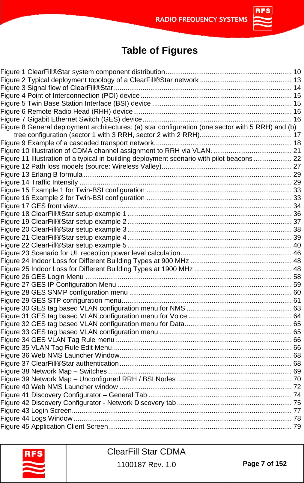    ClearFill Star CDMA  1100187 Rev. 1.0  Page 7 of 152  Table of Figures  Figure 1 ClearFill®Star system component distribution.................................................................. 10 Figure 2 Typical deployment topology of a ClearFill®Star network ................................................ 13 Figure 3 Signal flow of ClearFill®Star............................................................................................. 14 Figure 4 Point of Interconnection (POI) device............................................................................... 15 Figure 5 Twin Base Station Interface (BSI) device ......................................................................... 15 Figure 6 Remote Radio Head (RHH) device................................................................................... 16 Figure 7 Gigabit Ethernet Switch (GES) device.............................................................................. 16 Figure 8 General deployment architectures: (a) star configuration (one sector with 5 RRH) and (b) tree configuration (sector 1 with 3 RRH, sector 2 with 2 RRH)................................................ 17 Figure 9 Example of a cascaded transport network........................................................................ 18 Figure 10 Illustration of CDMA channel assignment to RRH via VLAN. ......................................... 21 Figure 11 Illustration of a typical in-building deployment scenario with pilot beacons.................... 22 Figure 12 Path loss models (source: Wireless Valley).................................................................... 27 Figure 13 Erlang B formula............................................................................................................. 29 Figure 14 Traffic Intensity ............................................................................................................... 29 Figure 15 Example 1 for Twin-BSI configuration ............................................................................ 33 Figure 16 Example 2 for Twin-BSI configuration ............................................................................ 33 Figure 17 GES front view................................................................................................................ 34 Figure 18 ClearFill®Star setup example 1...................................................................................... 36 Figure 19 ClearFill®Star setup example 2...................................................................................... 37 Figure 20 ClearFill®Star setup example 3...................................................................................... 38 Figure 21 ClearFill®Star setup example 4...................................................................................... 39 Figure 22 ClearFill®Star setup example 5...................................................................................... 40 Figure 23 Scenario for UL reception power level calculation.......................................................... 46 Figure 24 Indoor Loss for Different Building Types at 900 MHz ..................................................... 48 Figure 25 Indoor Loss for Different Building Types at 1900 MHz ................................................... 48 Figure 26 GES Login Menu ............................................................................................................ 58 Figure 27 GES IP Configuration Menu ........................................................................................... 59 Figure 28 GES SNMP configuration menu ..................................................................................... 60 Figure 29 GES STP configuration menu......................................................................................... 61 Figure 30 GES tag based VLAN configuration menu for NMS ....................................................... 63 Figure 31 GES tag based VLAN configuration menu for Voice ...................................................... 64 Figure 32 GES tag based VLAN configuration menu for Data........................................................ 65 Figure 33 GES tag based VLAN configuration menu ..................................................................... 65 Figure 34 GES VLAN Tag Rule menu ............................................................................................ 66 Figure 35 VLAN Tag Rule Edit Menu.............................................................................................. 66 Figure 36 Web NMS Launcher Window.......................................................................................... 68 Figure 37 ClearFill®Star authentication.......................................................................................... 68 Figure 38 Network Map – Switches ................................................................................................69 Figure 39 Network Map – Unconfigured RRH / BSI Nodes ............................................................ 70 Figure 40 Web NMS Launcher window .......................................................................................... 72 Figure 41 Discovery Configurator – General Tab ........................................................................... 74 Figure 42 Discovery Configurator - Network Discovery tab ............................................................ 75 Figure 43 Login Screen................................................................................................................... 77 Figure 44 Logs Window .................................................................................................................. 78 Figure 45 Application Client Screen................................................................................................ 79 