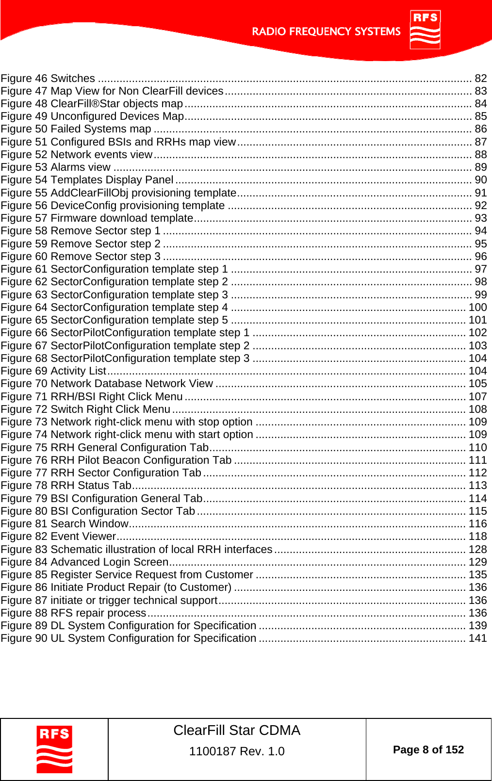    ClearFill Star CDMA  1100187 Rev. 1.0  Page 8 of 152  Figure 46 Switches ......................................................................................................................... 82 Figure 47 Map View for Non ClearFill devices................................................................................ 83 Figure 48 ClearFill®Star objects map............................................................................................. 84 Figure 49 Unconfigured Devices Map............................................................................................. 85 Figure 50 Failed Systems map ....................................................................................................... 86 Figure 51 Configured BSIs and RRHs map view............................................................................ 87 Figure 52 Network events view....................................................................................................... 88 Figure 53 Alarms view .................................................................................................................... 89 Figure 54 Templates Display Panel................................................................................................ 90 Figure 55 AddClearFillObj provisioning template............................................................................ 91 Figure 56 DeviceConfig provisioning template ............................................................................... 92 Figure 57 Firmware download template.......................................................................................... 93 Figure 58 Remove Sector step 1 .................................................................................................... 94 Figure 59 Remove Sector step 2 .................................................................................................... 95 Figure 60 Remove Sector step 3 .................................................................................................... 96 Figure 61 SectorConfiguration template step 1 .............................................................................. 97 Figure 62 SectorConfiguration template step 2 .............................................................................. 98 Figure 63 SectorConfiguration template step 3 .............................................................................. 99 Figure 64 SectorConfiguration template step 4 ............................................................................ 100 Figure 65 SectorConfiguration template step 5 ............................................................................ 101 Figure 66 SectorPilotConfiguration template step 1 ..................................................................... 102 Figure 67 SectorPilotConfiguration template step 2 ..................................................................... 103 Figure 68 SectorPilotConfiguration template step 3 ..................................................................... 104 Figure 69 Activity List.................................................................................................................... 104 Figure 70 Network Database Network View ................................................................................. 105 Figure 71 RRH/BSI Right Click Menu ........................................................................................... 107 Figure 72 Switch Right Click Menu...............................................................................................108 Figure 73 Network right-click menu with stop option .................................................................... 109 Figure 74 Network right-click menu with start option .................................................................... 109 Figure 75 RRH General Configuration Tab................................................................................... 110 Figure 76 RRH Pilot Beacon Configuration Tab ........................................................................... 111 Figure 77 RRH Sector Configuration Tab..................................................................................... 112 Figure 78 RRH Status Tab............................................................................................................ 113 Figure 79 BSI Configuration General Tab..................................................................................... 114 Figure 80 BSI Configuration Sector Tab....................................................................................... 115 Figure 81 Search Window............................................................................................................. 116 Figure 82 Event Viewer................................................................................................................. 118 Figure 83 Schematic illustration of local RRH interfaces.............................................................. 128 Figure 84 Advanced Login Screen................................................................................................ 129 Figure 85 Register Service Request from Customer .................................................................... 135 Figure 86 Initiate Product Repair (to Customer) ........................................................................... 136 Figure 87 initiate or trigger technical support................................................................................ 136 Figure 88 RFS repair process....................................................................................................... 136 Figure 89 DL System Configuration for Specification ................................................................... 139 Figure 90 UL System Configuration for Specification ................................................................... 141   