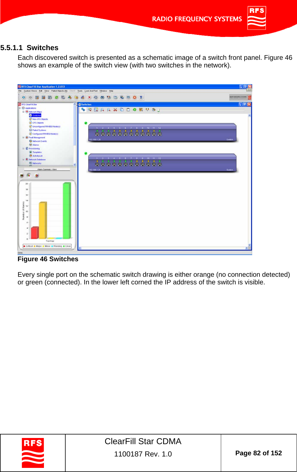    ClearFill Star CDMA  1100187 Rev. 1.0  Page 82 of 152  5.5.1.1  Switches Each discovered switch is presented as a schematic image of a switch front panel. Figure 46 shows an example of the switch view (with two switches in the network).     Figure 46 Switches  Every single port on the schematic switch drawing is either orange (no connection detected) or green (connected). In the lower left corned the IP address of the switch is visible.    