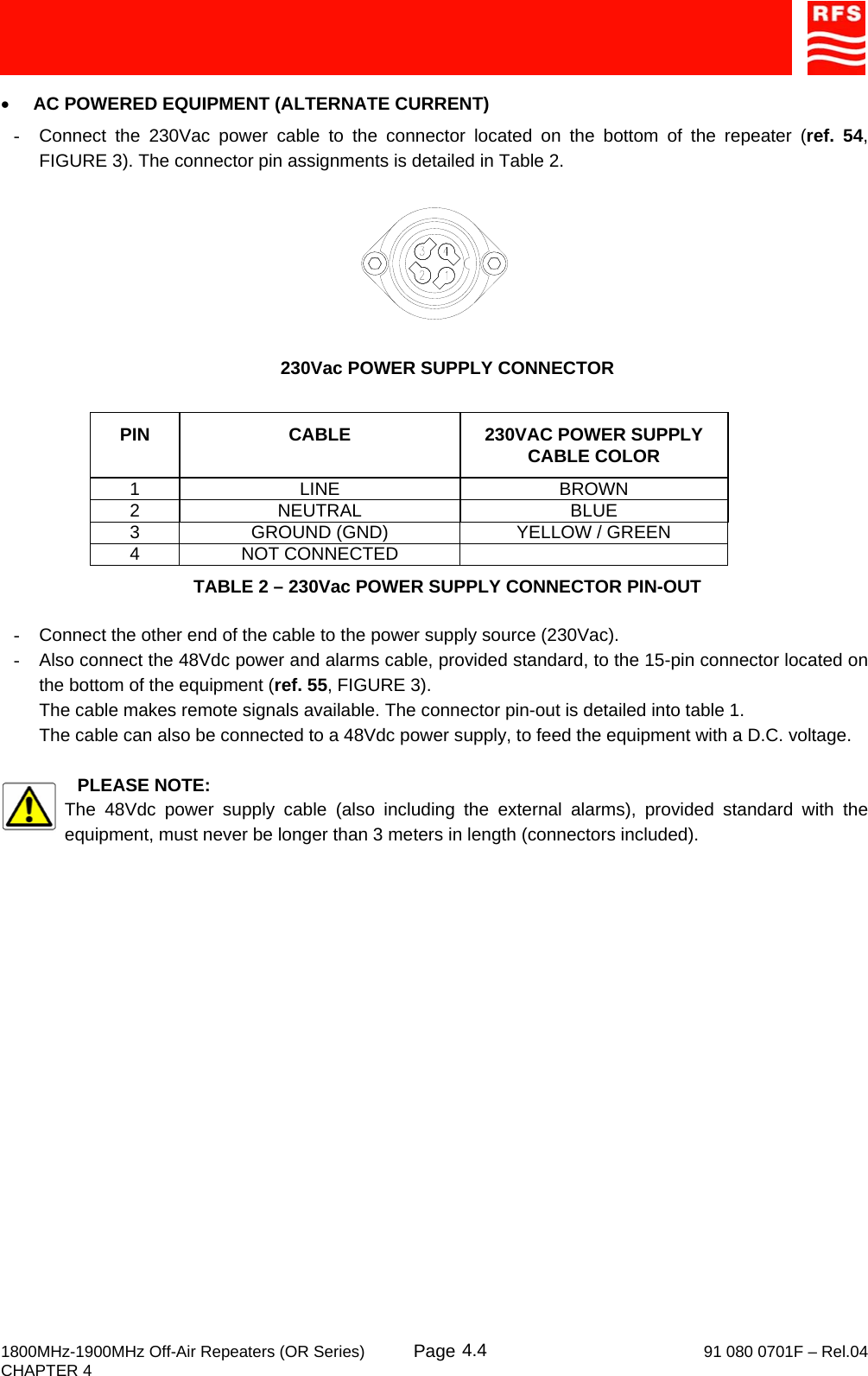     1800MHz-1900MHz Off-Air Repeaters (OR Series) Page   91 080 0701F – Rel.04 CHAPTER 4  4.4• AC POWERED EQUIPMENT (ALTERNATE CURRENT) -  Connect the 230Vac power cable to the connector located on the bottom of the repeater (ref. 54, FIGURE 3). The connector pin assignments is detailed in Table 2.  230Vac POWER SUPPLY CONNECTOR  PIN  CABLE  230VAC POWER SUPPLY CABLE COLOR 1 LINE  BROWN 2 NEUTRAL  BLUE 3  GROUND (GND)  YELLOW / GREEN 4 NOT CONNECTED   TABLE 2 – 230Vac POWER SUPPLY CONNECTOR PIN-OUT  -  Connect the other end of the cable to the power supply source (230Vac). -  Also connect the 48Vdc power and alarms cable, provided standard, to the 15-pin connector located on the bottom of the equipment (ref. 55, FIGURE 3). The cable makes remote signals available. The connector pin-out is detailed into table 1. The cable can also be connected to a 48Vdc power supply, to feed the equipment with a D.C. voltage.  PLEASE NOTE: The 48Vdc power supply cable (also including the external alarms), provided standard with the equipment, must never be longer than 3 meters in length (connectors included).   