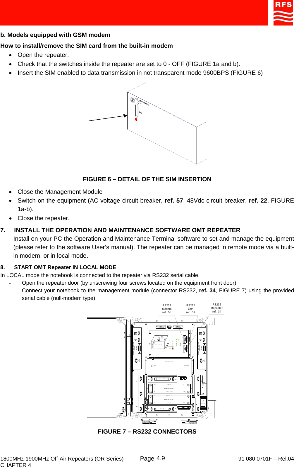     1800MHz-1900MHz Off-Air Repeaters (OR Series) Page   91 080 0701F – Rel.04 CHAPTER 4  4.9b. Models equipped with GSM modem How to install/remove the SIM card from the built-in modem •  Open the repeater. •  Check that the switches inside the repeater are set to 0 - OFF (FIGURE 1a and b). •  Insert the SIM enabled to data transmission in not transparent mode 9600BPS (FIGURE 6)  FIGURE 6 – DETAIL OF THE SIM INSERTION •  Close the Management Module •  Switch on the equipment (AC voltage circuit breaker, ref. 57, 48Vdc circuit breaker, ref. 22, FIGURE 1a-b). •  Close the repeater. 7.  INSTALL THE OPERATION AND MAINTENANCE SOFTWARE OMT REPEATER Install on your PC the Operation and Maintenance Terminal software to set and manage the equipment (please refer to the software User’s manual). The repeater can be managed in remote mode via a built-in modem, or in local mode. 8.  START OMT Repeater IN LOCAL MODE In LOCAL mode the notebook is connected to the repeater via RS232 serial cable. -  Open the repeater door (by unscrewing four screws located on the equipment front door). Connect your notebook to the management module (connector RS232, ref. 34, FIGURE 7) using the provided serial cable (null-modem type). PHIGH POWER AMPLIFIER INSPV BUSOUTUP LINK132KHzALARM+5VRLOPERATINGUULNAHPA DDBS 1BS 2HIGH POWER AMPLIFIERSPV BUSDOWN LINK PINOUTInOutOutInBAND-SELECTIVE 1InOutInOutDOWN-LINKUP-LINKDOWN-LINKUP-LINKBAND-SELECTIVE 2POWER SUPPLY5V5 10V5LNA DOWNLNA UPRS232 (Repeate r) RS232 (Modem )RS232Modemref.  58RS232Linkref.  59RS232Repeaterref.  34 FIGURE 7 – RS232 CONNECTORS 