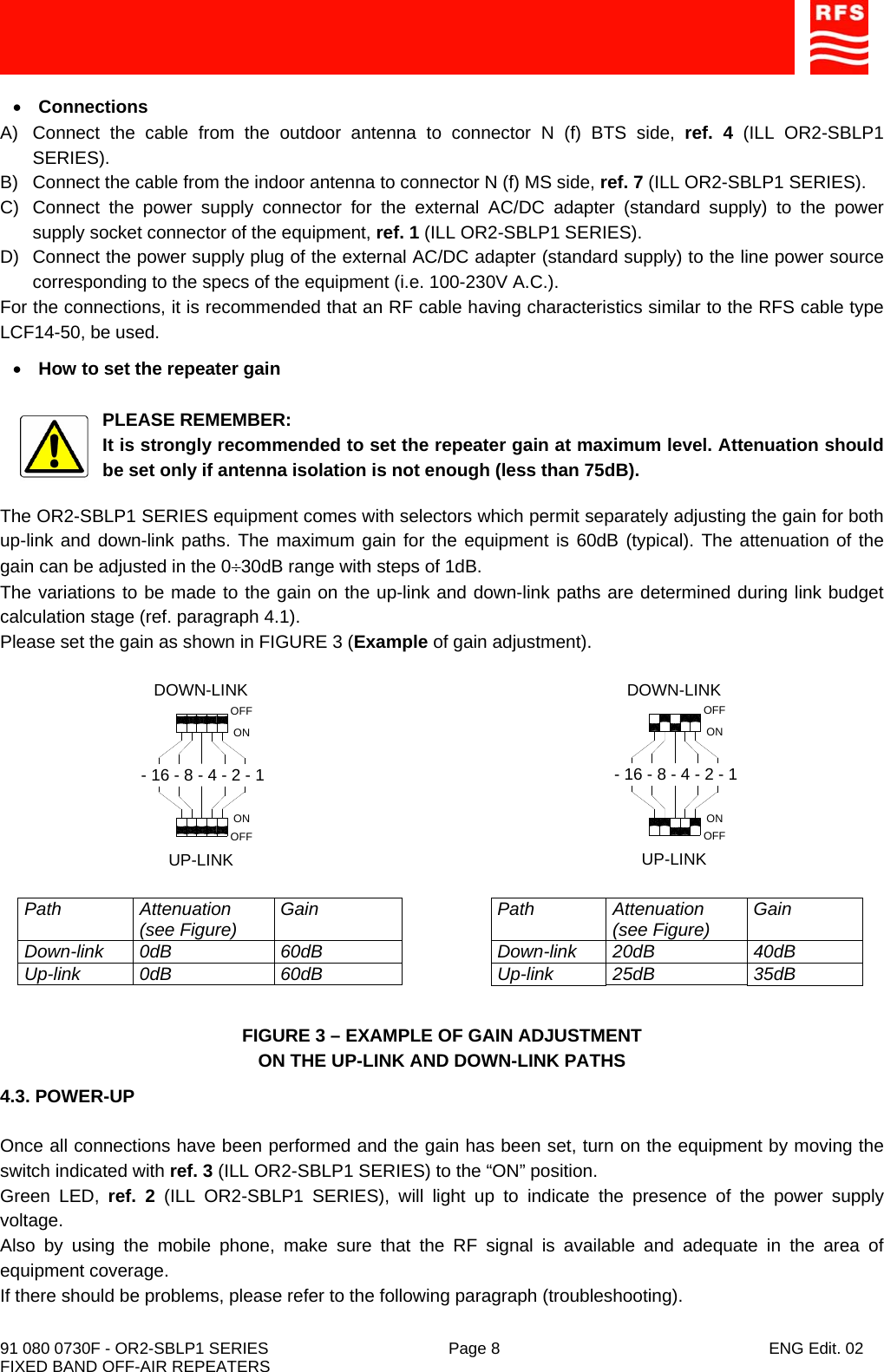    91 080 0730F - OR2-SBLP1 SERIES  Page 8  ENG Edit. 02 FIXED BAND OFF-AIR REPEATERS • Connections A)  Connect the cable from the outdoor antenna to connector N (f) BTS side, ref. 4 (ILL OR2-SBLP1 SERIES). B)  Connect the cable from the indoor antenna to connector N (f) MS side, ref. 7 (ILL OR2-SBLP1 SERIES). C)  Connect the power supply connector for the external AC/DC adapter (standard supply) to the power supply socket connector of the equipment, ref. 1 (ILL OR2-SBLP1 SERIES). D)  Connect the power supply plug of the external AC/DC adapter (standard supply) to the line power source corresponding to the specs of the equipment (i.e. 100-230V A.C.). For the connections, it is recommended that an RF cable having characteristics similar to the RFS cable type LCF14-50, be used. • How to set the repeater gain  PLEASE REMEMBER: It is strongly recommended to set the repeater gain at maximum level. Attenuation should be set only if antenna isolation is not enough (less than 75dB).  The OR2-SBLP1 SERIES equipment comes with selectors which permit separately adjusting the gain for both up-link and down-link paths. The maximum gain for the equipment is 60dB (typical). The attenuation of the gain can be adjusted in the 0÷30dB range with steps of 1dB. The variations to be made to the gain on the up-link and down-link paths are determined during link budget calculation stage (ref. paragraph 4.1). Please set the gain as shown in FIGURE 3 (Example of gain adjustment). FIGURE 3 – EXAMPLE OF GAIN ADJUSTMENT ON THE UP-LINK AND DOWN-LINK PATHS 4.3. POWER-UP  Once all connections have been performed and the gain has been set, turn on the equipment by moving the switch indicated with ref. 3 (ILL OR2-SBLP1 SERIES) to the “ON” position. Green LED, ref. 2 (ILL OR2-SBLP1 SERIES), will light up to indicate the presence of the power supply voltage. Also by using the mobile phone, make sure that the RF signal is available and adequate in the area of equipment coverage. If there should be problems, please refer to the following paragraph (troubleshooting). DOWN-LINKUP-LINK- 16 - 8 - 4 - 2 - 1ONOFFONOFFPath Attenuation (see Figure)  Gain Down-link 0dB  60dB Up-link 0dB  60dB  DOWN-LINKUP-LINK- 16 - 8 - 4 - 2 - 1OFFONOFFONPath Attenuation (see Figure)  Gain Down-link 20dB  40dB Up-link 25dB  35dB  