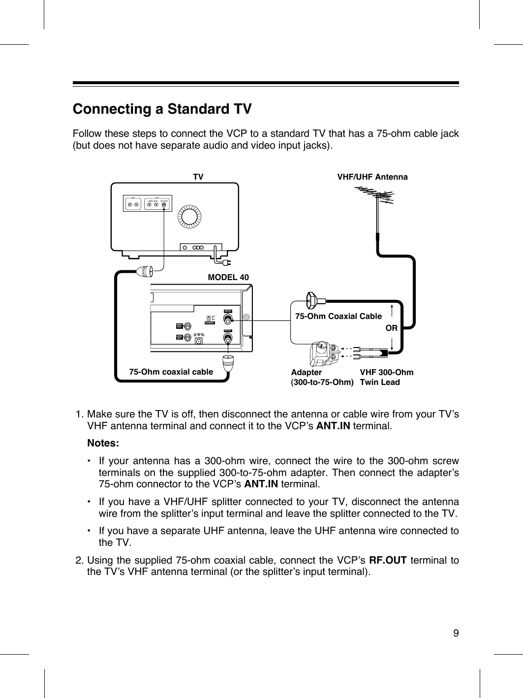 Connecting a Standard TVFollow these steps to connect the VCP to a standard TV that has a 75-ohm cable jack(but does not have separate audio and video input jacks).1. Make sure the TV is off, then disconnect the antenna or cable wire from your TVÕsVHF antenna terminal and connect it to the VCPÕs ANT.IN terminal.Notes:¥ If your antenna has a 300-ohm wire, connect the wire to the 300-ohm screwterminals on the supplied 300-to-75-ohm adapter. Then connect the adapterÕs75-ohm connector to the VCPÕs ANT.IN terminal.¥ If you have a VHF/UHF splitter connected to your TV, disconnect the antennawire from the splitterÕs input terminal and leave the splitter connected to the TV.¥ If you have a separate UHF antenna, leave the UHF antenna wire connected tothe TV.2. Using the supplied 75-ohm coaxial cable, connect the VCPÕs RF.OUT terminal tothe TVÕs VHF antenna terminal (or the splitterÕs input terminal).93DC  IN  12V4CHANNELRF.OUTANT.INVIDEOOUTAUDIOOUT300-ohm 75-ohmUHF VHF75-Ohm coaxial cableMODEL 4075-Ohm Coaxial CableAdapter(300-to-75-Ohm)VHF 300-OhmTwin LeadVHF/UHF AntennaORTV