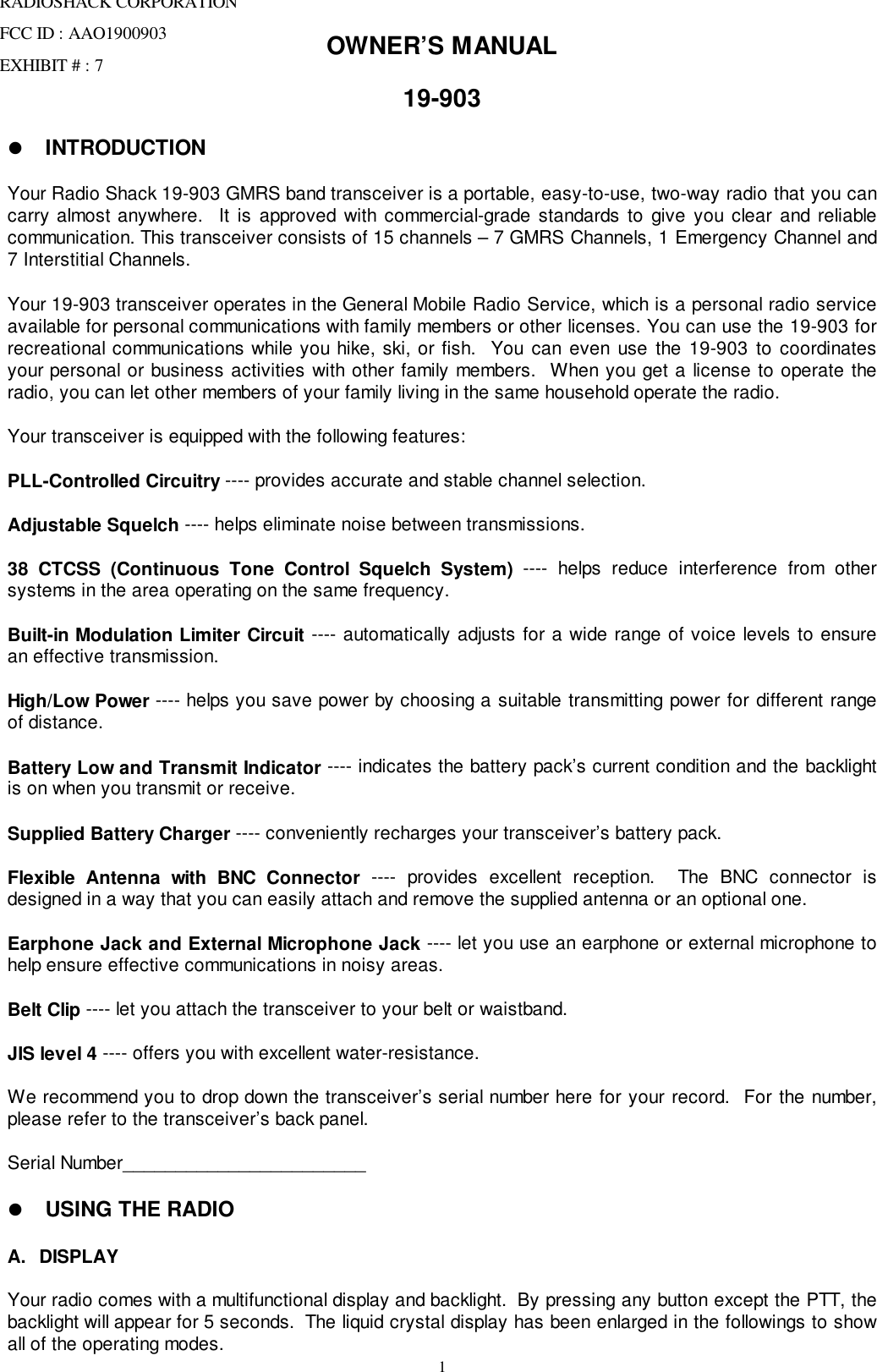 Radio Shack 1900903 GMRS handheld transceiver User Manual users manual