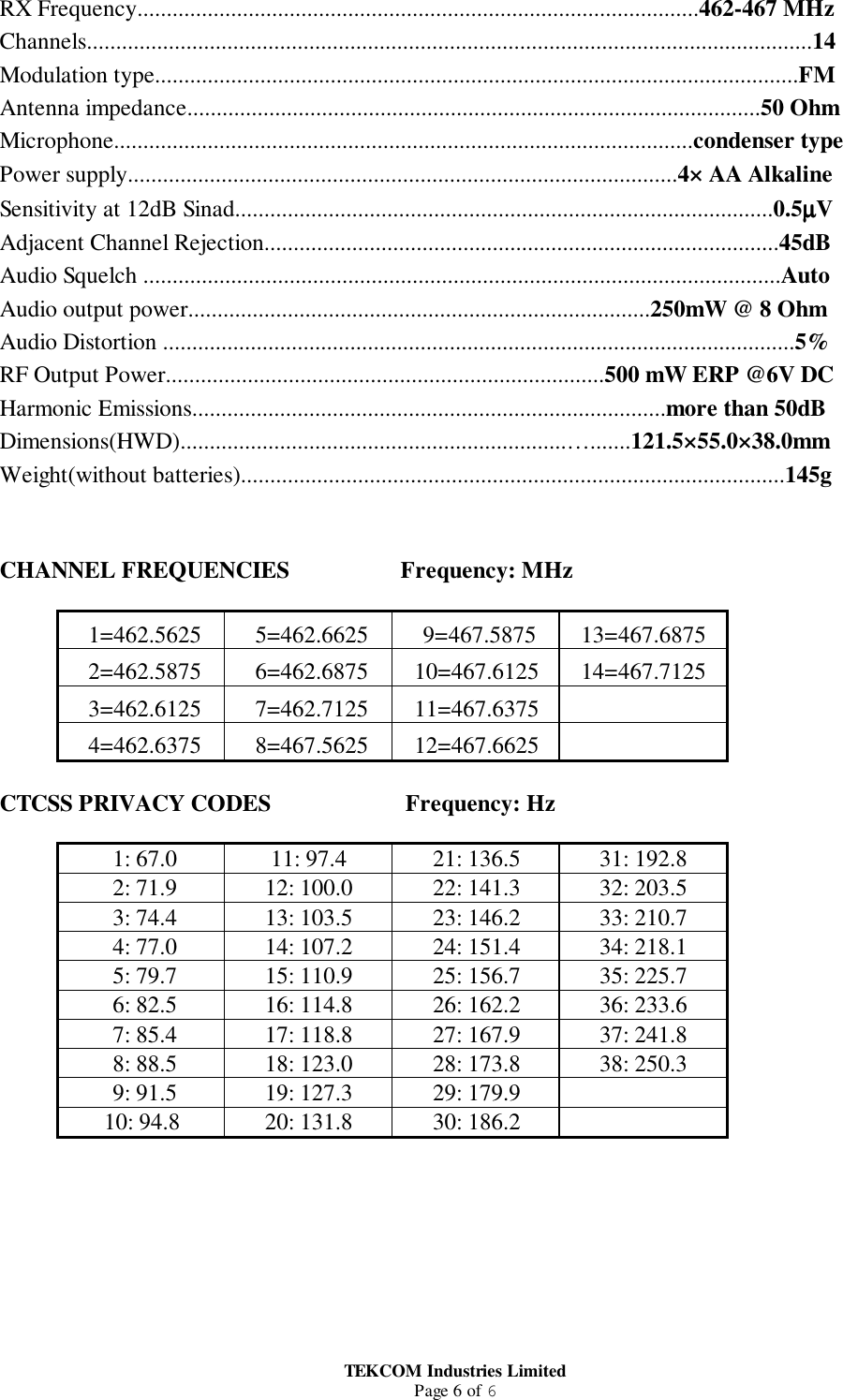 TEKCOM Industries LimitedPage 6 of 6RX Frequency................................................................................................462-467 MHzChannels............................................................................................................................14Modulation type..............................................................................................................FMAntenna impedance..................................................................................................50 OhmMicrophone...................................................................................................condenser typePower supply..............................................................................................4× AA AlkalineSensitivity at 12dB Sinad............................................................................................0.5µµµµVAdjacent Channel Rejection........................................................................................45dBAudio Squelch .............................................................................................................AutoAudio output power...............................................................................250mW @ 8 OhmAudio Distortion ............................................................................................................5%RF Output Power...........................................................................500 mW ERP @6V DCHarmonic Emissions.................................................................................more than 50dBDimensions(HWD)..................................................................….......121.5×55.0×38.0mmWeight(without batteries).............................................................................................145gCHANNEL FREQUENCIES                   Frequency: MHz 1=462.5625  5=462.6625  9=467.5875 13=467.6875 2=462.5875  6=462.6875 10=467.6125 14=467.7125 3=462.6125  7=462.7125 11=467.6375 4=462.6375  8=467.5625 12=467.6625CTCSS PRIVACY CODES                       Frequency: Hz 1: 67.0 11: 97.4 21: 136.5 31: 192.8 2: 71.9 12: 100.0 22: 141.3 32: 203.5 3: 74.4 13: 103.5 23: 146.2 33: 210.7 4: 77.0 14: 107.2 24: 151.4 34: 218.1 5: 79.7 15: 110.9 25: 156.7 35: 225.7 6: 82.5 16: 114.8 26: 162.2 36: 233.6 7: 85.4 17: 118.8 27: 167.9 37: 241.8 8: 88.5 18: 123.0 28: 173.8 38: 250.3 9: 91.5 19: 127.3 29: 179.910: 94.8 20: 131.8 30: 186.2