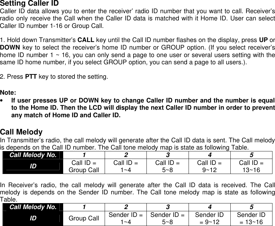Setting Caller ID Caller ID data allows you to enter the receiver’ radio ID number that you want to call. Receiver’s radio only receive the Call when the Caller ID data is matched with it Home ID. User can select Caller ID number 1-16 or Group Call.  1. Hold down Transmitter’s CALL key until the Call ID number flashes on the display, press UP or DOWN key to select the receiver’s home ID number or GROUP option. (If you select receiver’s home ID number 1 ~ 16, you can only send a page to one user or several users setting with the same ID home number, if you select GROUP option, you can send a page to all users.).   2. Press PTT key to stored the setting.  Note: • If user presses UP or DOWN key to change Caller ID number and the number is equal to the Home ID. Then the LCD will display the next Caller ID number in order to prevent any match of Home ID and Caller ID.  Call Melody In Transmitter’s radio, the call melody will generate after the Call ID data is sent. The Call melody is depends on the Call ID number. The Call tone melody map is state as following Table. Call Melody No. 1 2 3 4 5 ID Call ID = Group Call Call ID = 1~4 Call ID = 5~8 Call ID = 9~12 Call ID = 13~16  In Receiver’s radio, the call melody will generate after the Call ID data is received. The Call melody is depends on the Sender ID number. The Call tone melody map is state as following Table. Call Melody No. 1 2 3 4 5 ID Group Call Sender ID = 1~4 Sender ID = 5~8 Sender ID  = 9~12 Sender ID  = 13~16                      