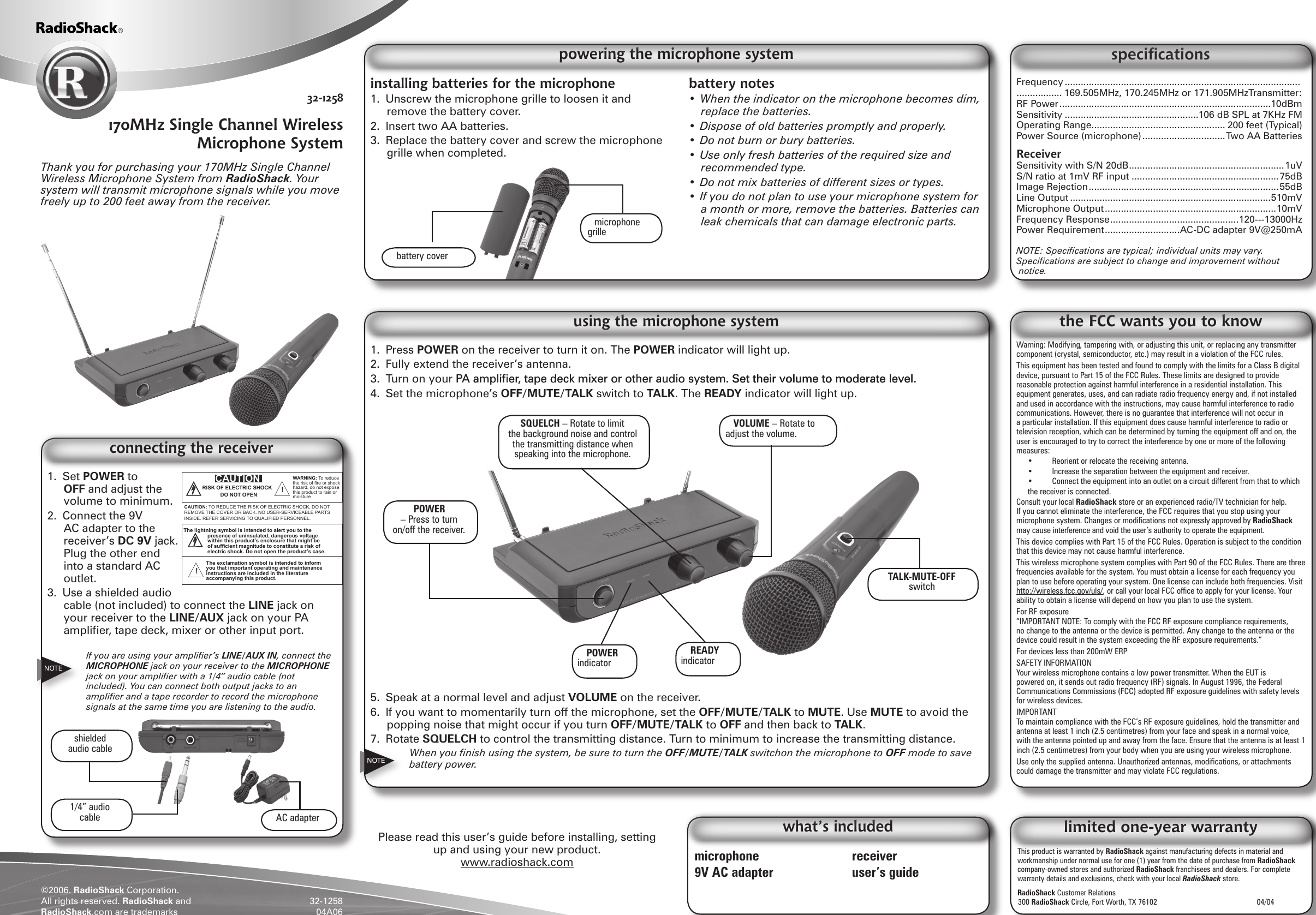Radio Shack 3201258AT Wireless Microphone User Manual