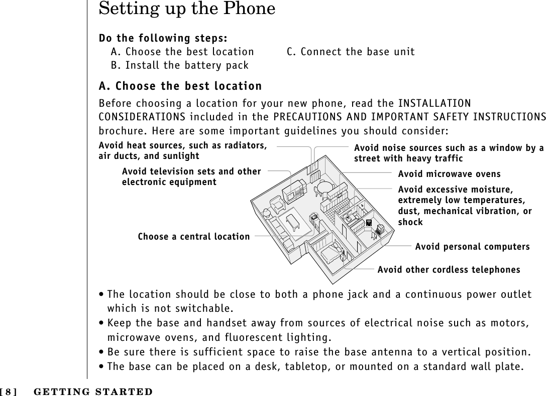GETTING STARTED[ 8 ]Setting up the PhoneDo the following steps:A. Choose the best location   C. Connect the base unitB. Install the battery packA. Choose the best locationBefore choosing a location for your new phone, read the INSTALLATION CONSIDERATIONS included in the PRECAUTIONS AND IMPORTANT SAFETY INSTRUCTIONSbrochure. Here are some important guidelines you should consider:•The location should be close to both a phone jack and a continuous power outletwhich is not switchable.•Keep the base and handset away from sources of electrical noise such as motors,microwave ovens, and fluorescent lighting.•Be sure there is sufficient space to raise the base antenna to a vertical position.•The base can be placed on a desk, tabletop, or mounted on a standard wall plate.Avoid excessive moisture, extremely low temperatures, dust, mechanical vibration, orshockAvoid heat sources, such as radiators,air ducts, and sunlightAvoid television sets and otherelectronic equipmentAvoid noise sources such as a window by astreet with heavy trafficAvoid microwave ovensAvoid personal computersAvoid other cordless telephonesChoose a central location
