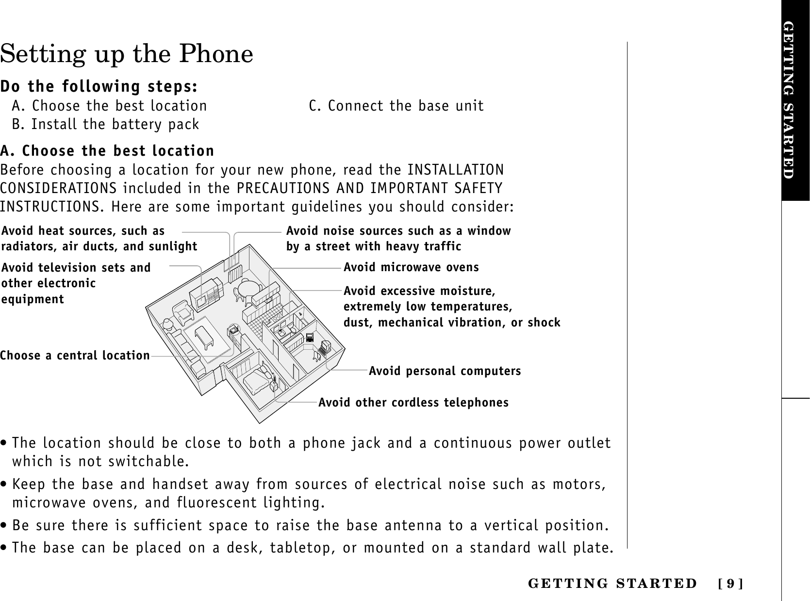 [ 9 ]GETTING STARTEDGETTING STARTEDSetting up the PhoneDo the following steps:A. Choose the best location C. Connect the base unitB. Install the battery packA. Choose the best locationBefore choosing a location for your new phone, read the INSTALLATIONCONSIDERATIONS included in the PRECAUTIONS AND IMPORTANT SAFETYINSTRUCTIONS. Here are some important guidelines you should consider:•The location should be close to both a phone jack and a continuous power outletwhich is not switchable.•Keep the base and handset away from sources of electrical noise such as motors,microwave ovens, and fluorescent lighting.•Be sure there is sufficient space to raise the base antenna to a vertical position.•The base can be placed on a desk, tabletop, or mounted on a standard wall plate.Avoid excessive moisture, extremely low temperatures, dust, mechanical vibration, or shockAvoid heat sources, such asradiators, air ducts, and sunlightAvoid television sets andother electronicequipmentAvoid noise sources such as a windowby a street with heavy trafficAvoid microwave ovensAvoid personal computersAvoid other cordless telephonesChoose a central location