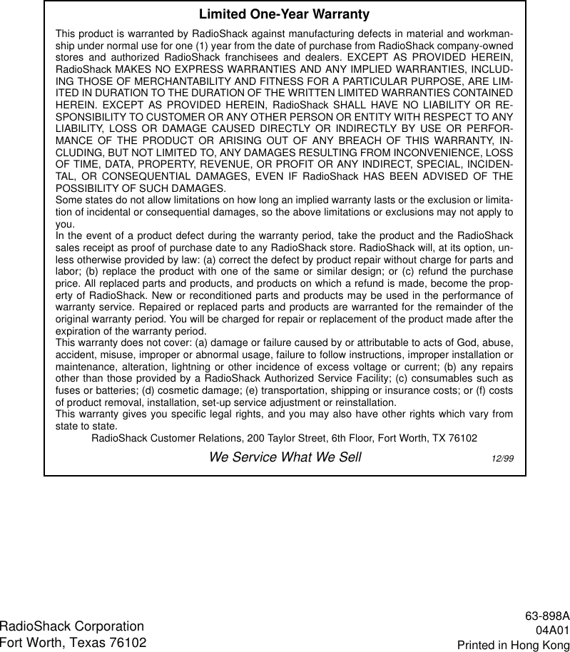 Page 4 of 4 - Radio-Shack Radio-Shack-04A01-Users-Manual- 63-898a  Radio-shack-04a01-users-manual