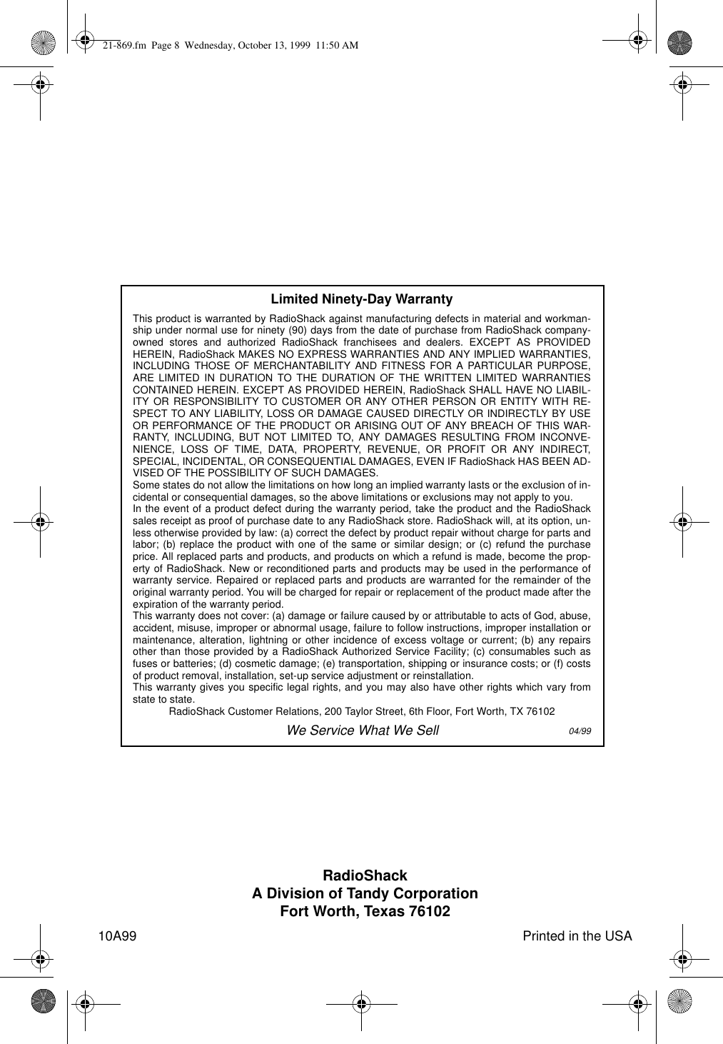 Page 8 of 8 - Radio-Shack Radio-Shack-10M-Users-Manual- Rsil'dxoi  Radio-shack-10m-users-manual