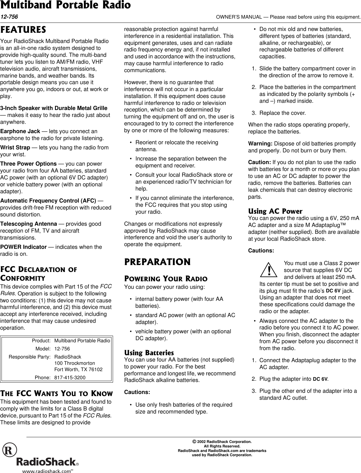 Page 1 of 3 - Radio-Shack Radio-Shack-12-756-Users-Manual- Www RadioShack With CircleR  Radio-shack-12-756-users-manual