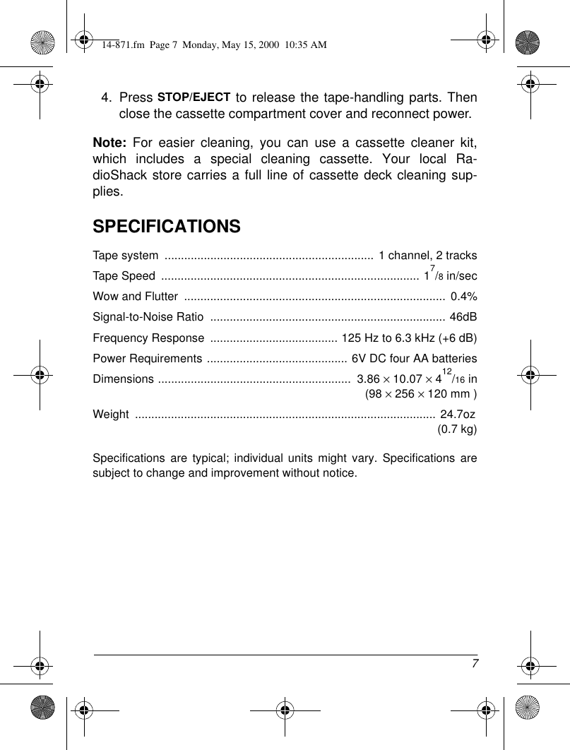 Page 7 of 8 - Radio-Shack Radio-Shack-14-871-Users-Manual- Www RadioShack With In-Line CircleR  Radio-shack-14-871-users-manual