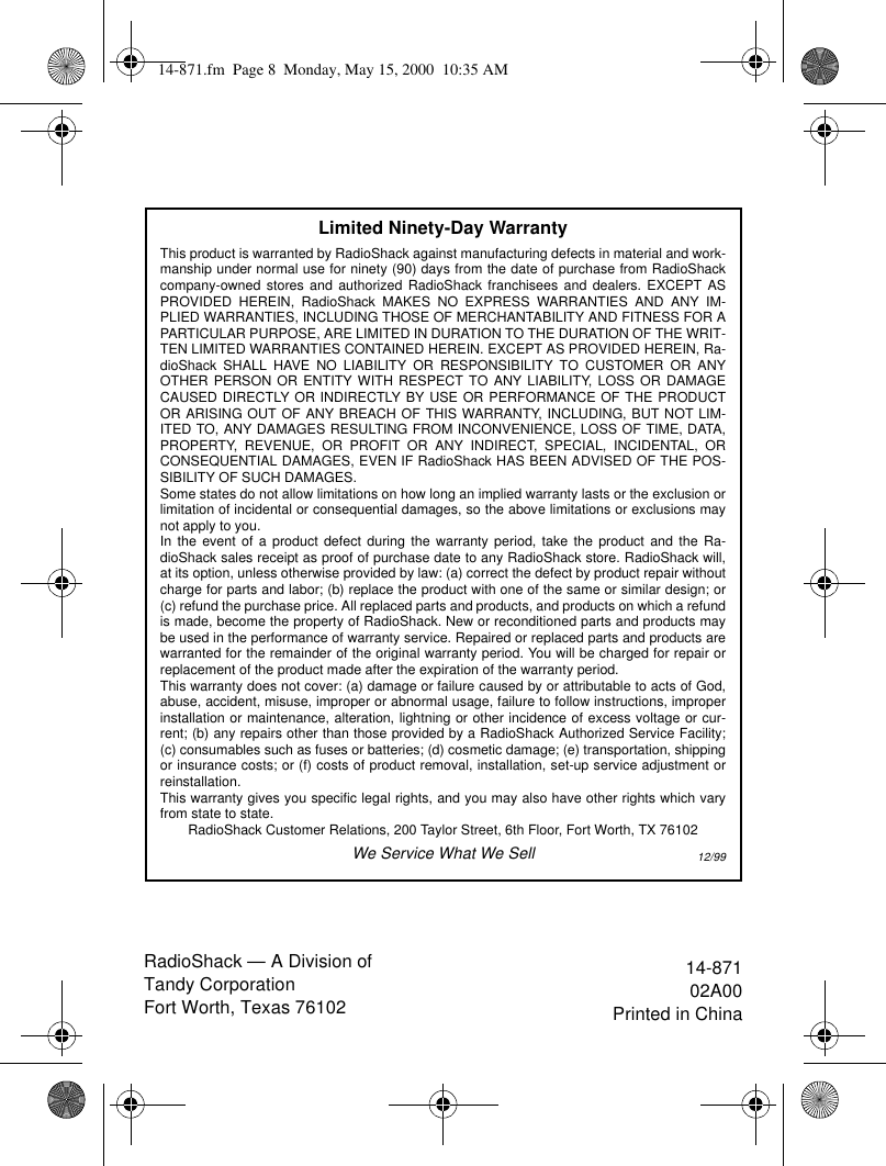 Page 8 of 8 - Radio-Shack Radio-Shack-14-871-Users-Manual- Www RadioShack With In-Line CircleR  Radio-shack-14-871-users-manual