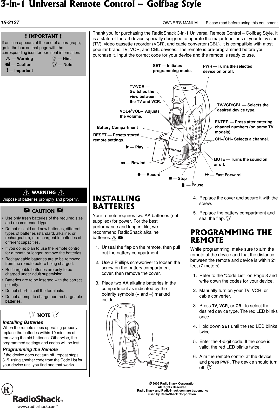 Page 1 of 4 - Radio-Shack Radio-Shack-15-2127-Users-Manual- 3-in-1 Universal Remote Control - Golfbag Style  Radio-shack-15-2127-users-manual