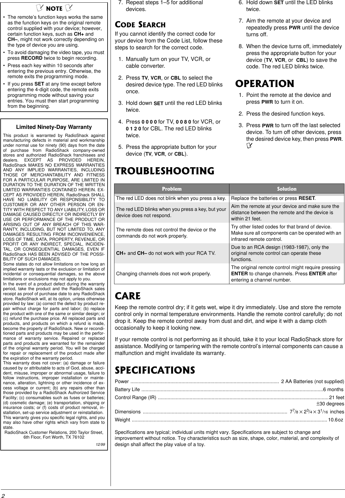 Page 2 of 4 - Radio-Shack Radio-Shack-15-2127-Users-Manual- 3-in-1 Universal Remote Control - Golfbag Style  Radio-shack-15-2127-users-manual