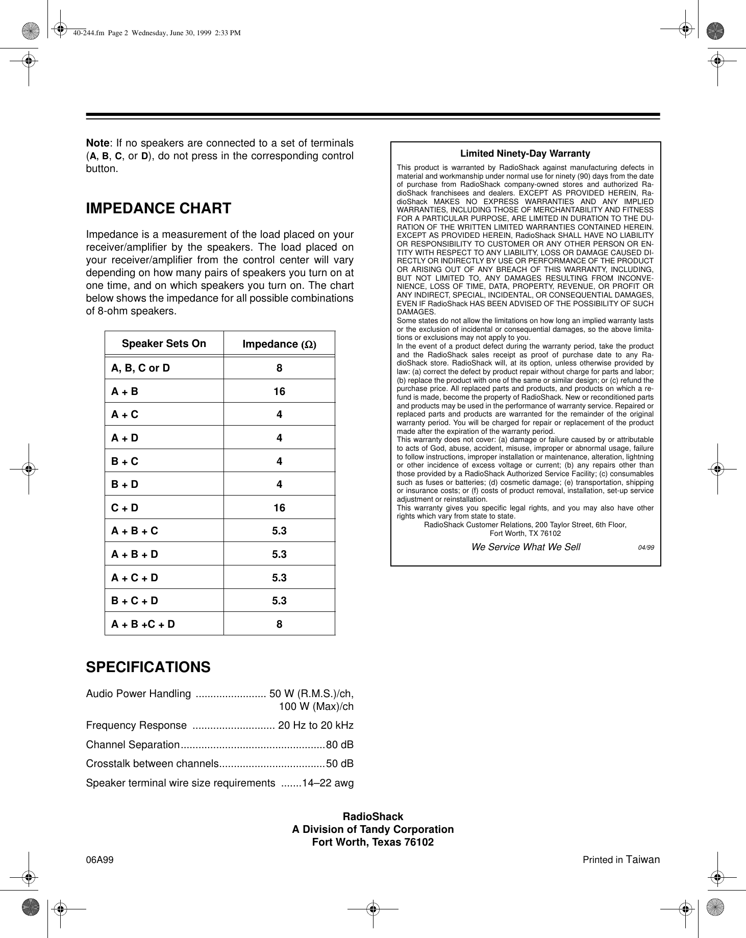 Page 2 of 2 - Radio-Shack Radio-Shack-40-244-Users-Manual-  Radio-shack-40-244-users-manual