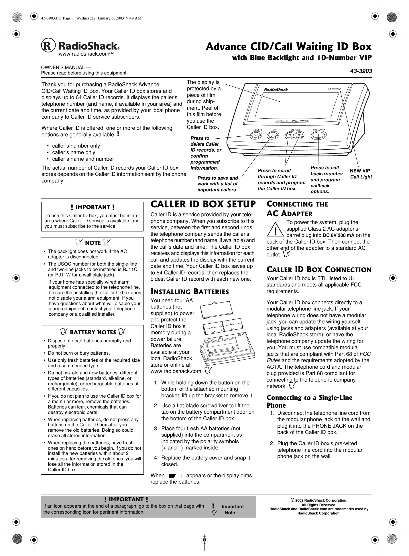 Page 1 of 4 - Radio-Shack Radio-Shack-43-3903-Users-Manual- 43-3903  Radio-shack-43-3903-users-manual