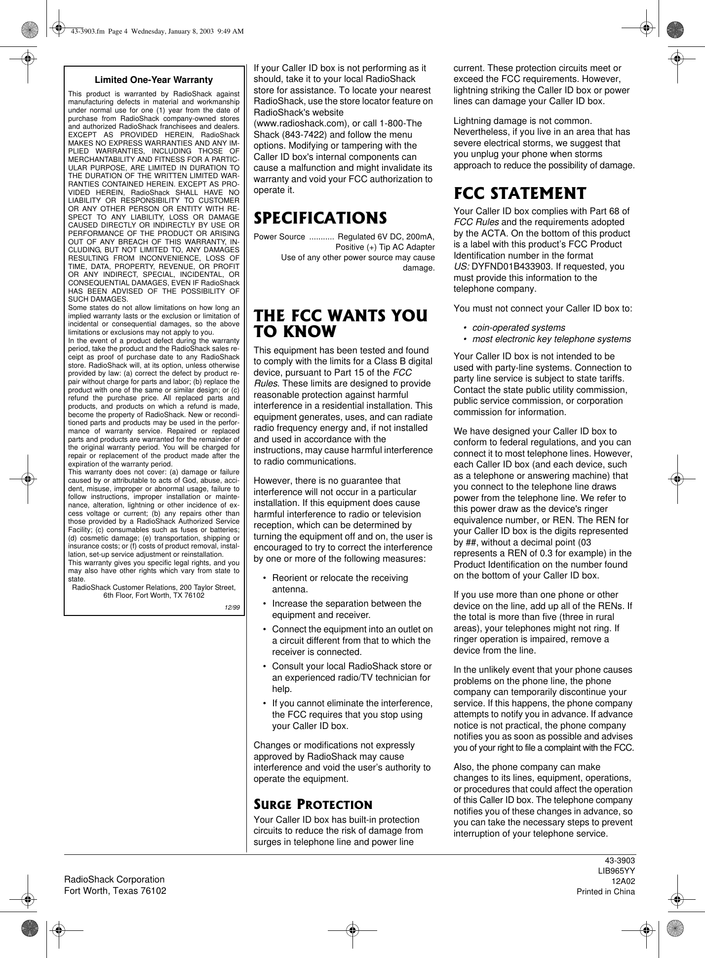 Page 4 of 4 - Radio-Shack Radio-Shack-43-3903-Users-Manual- 43-3903  Radio-shack-43-3903-users-manual