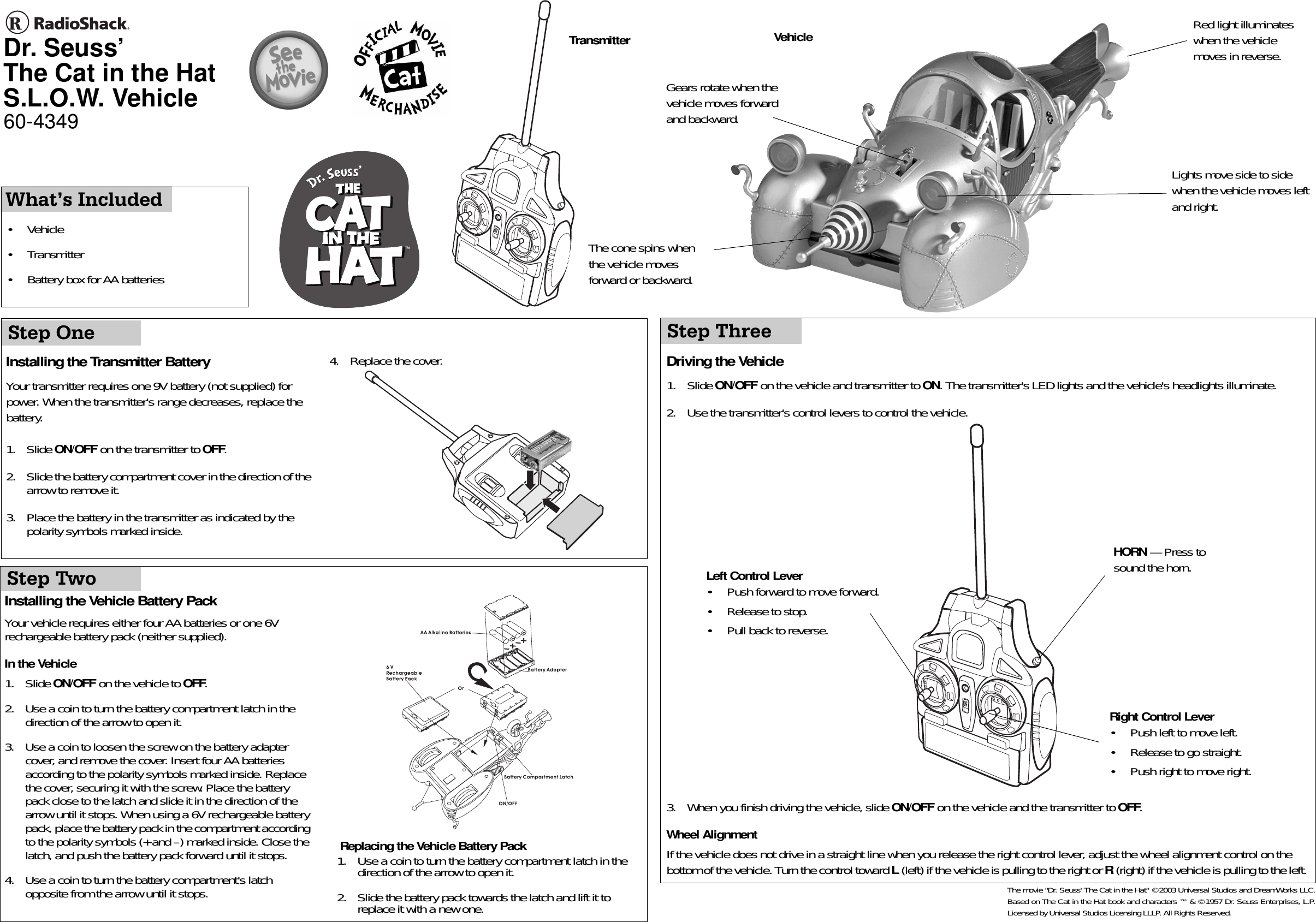 Page 1 of 2 - Radio-Shack Radio-Shack-60-4349-Users-Manual- 60-4349 - RadioShack RC Dr. Seuss' The Cat In Hat S.L.O.W. Vehicle  Radio-shack-60-4349-users-manual