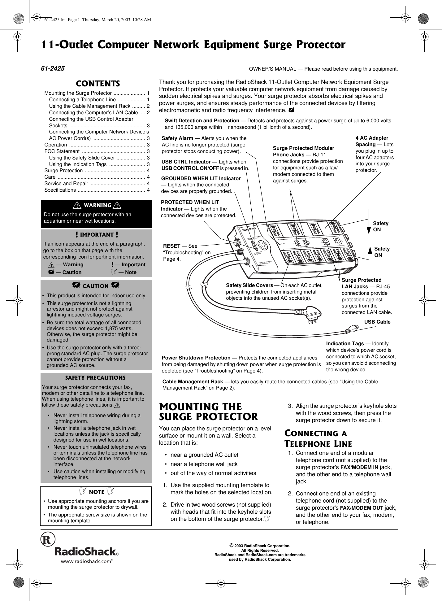 Page 1 of 8 - Radio-Shack Radio-Shack-61-2425-Users-Manual- 61-2425  Radio-shack-61-2425-users-manual