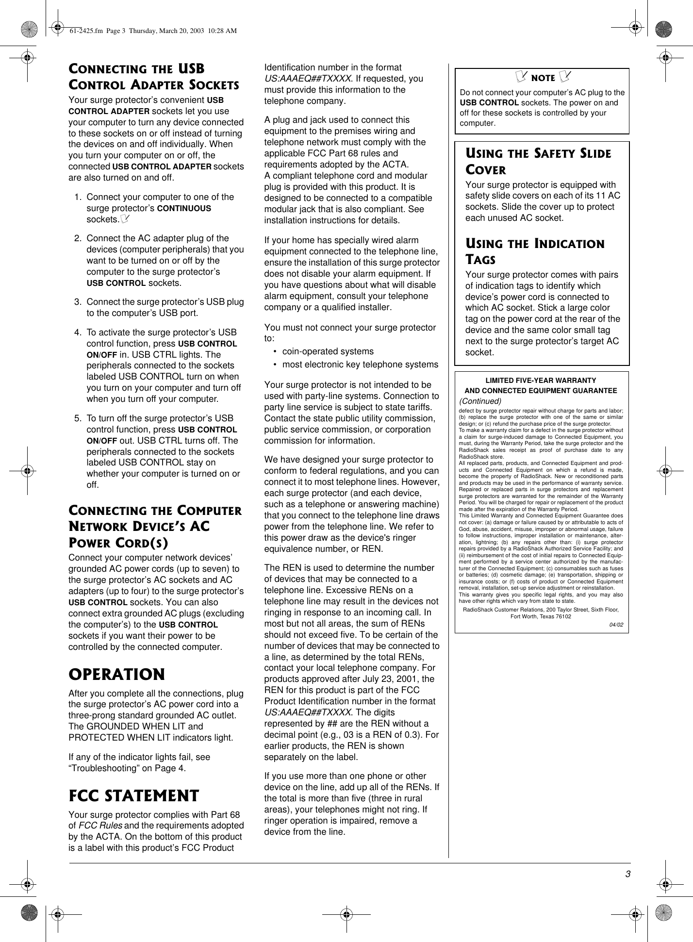 Page 3 of 8 - Radio-Shack Radio-Shack-61-2425-Users-Manual- 61-2425  Radio-shack-61-2425-users-manual