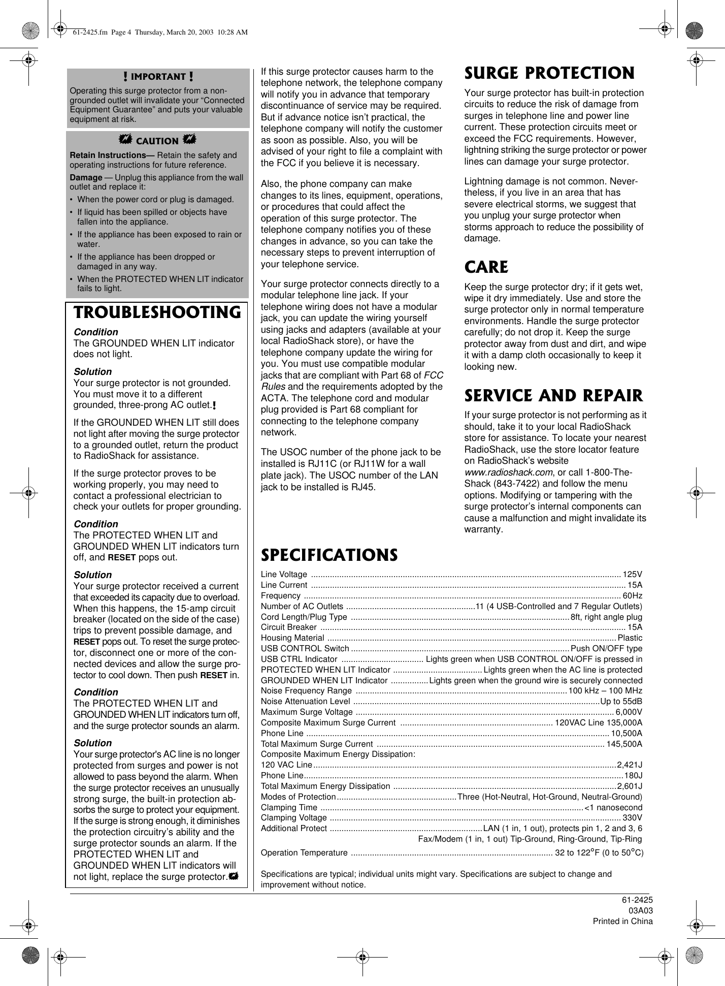 Page 4 of 8 - Radio-Shack Radio-Shack-61-2425-Users-Manual- 61-2425  Radio-shack-61-2425-users-manual