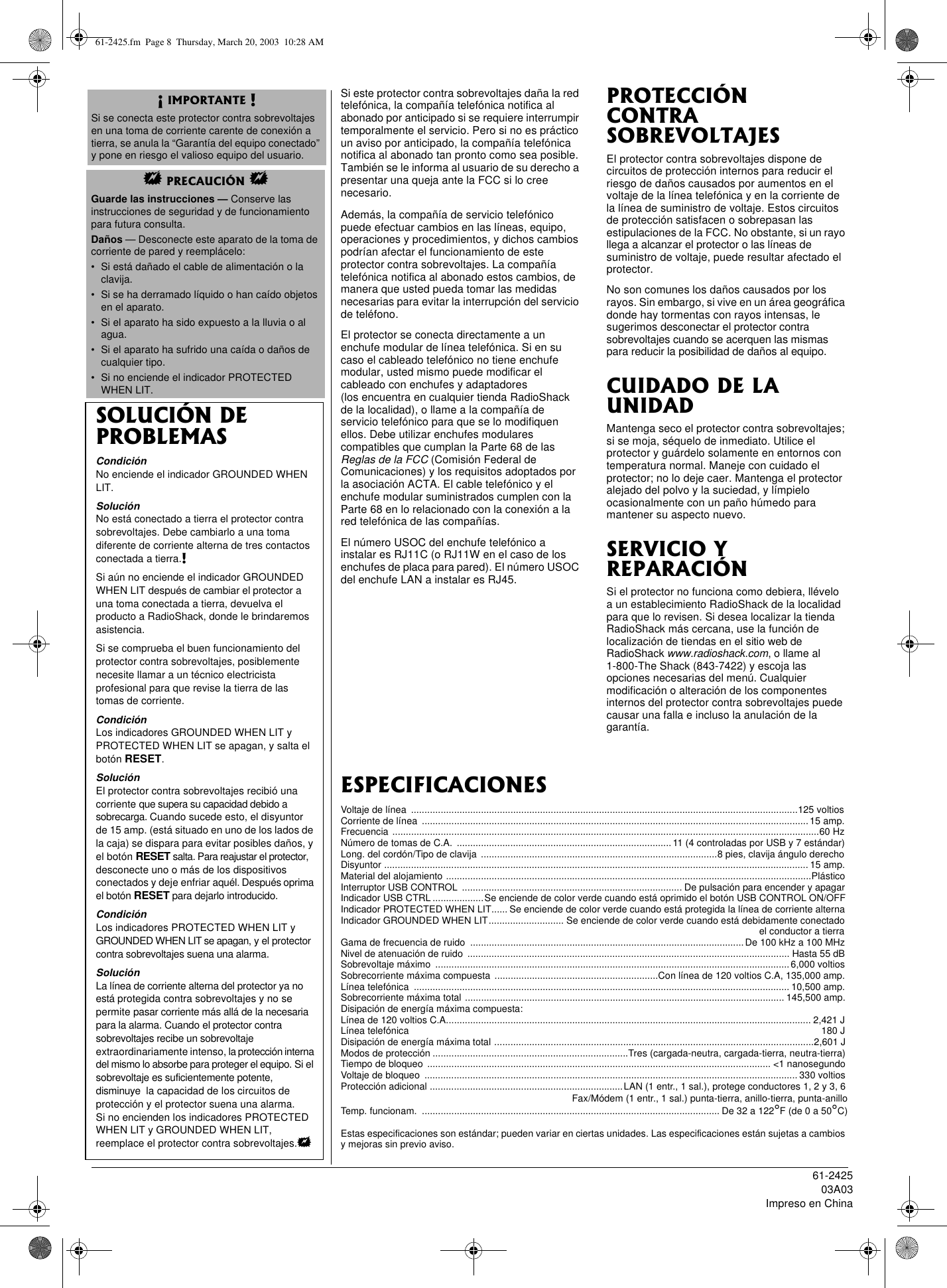 Page 8 of 8 - Radio-Shack Radio-Shack-61-2425-Users-Manual- 61-2425  Radio-shack-61-2425-users-manual