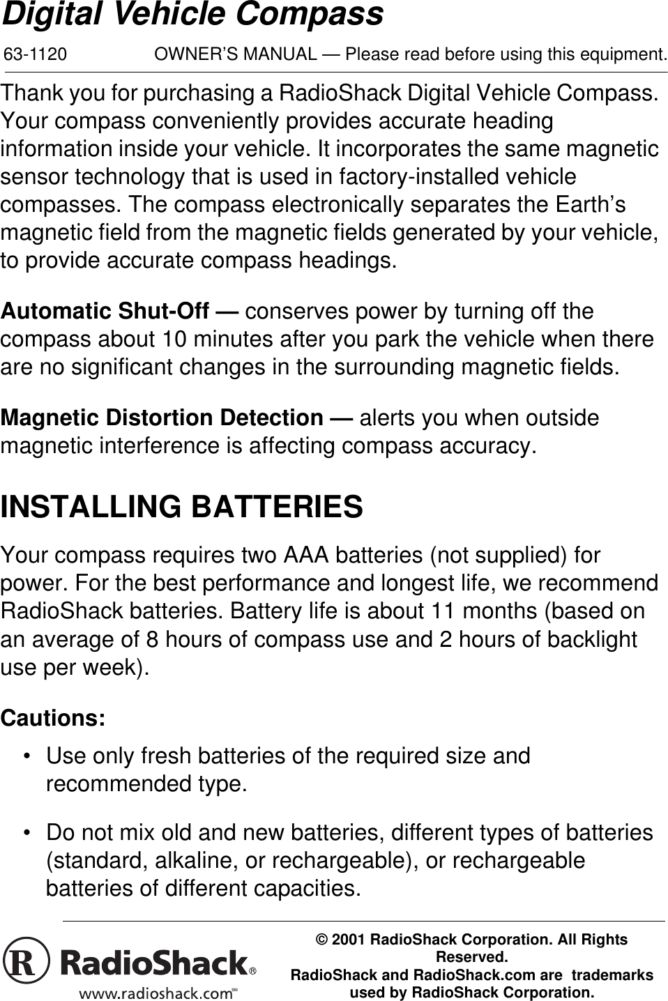 Page 1 of 8 - Radio-Shack Radio-Shack-63-1120-Users-Manual- 63-1120  Radio-shack-63-1120-users-manual