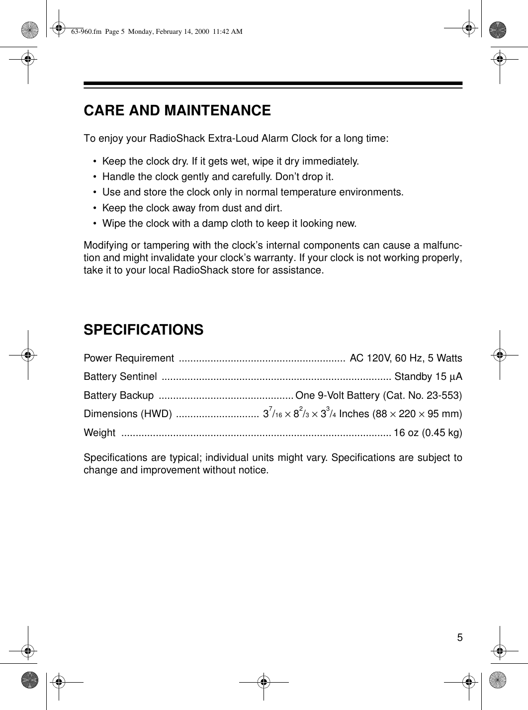 Page 5 of 6 - Radio-Shack Radio-Shack-63-960-Users-Manual-  Radio-shack-63-960-users-manual
