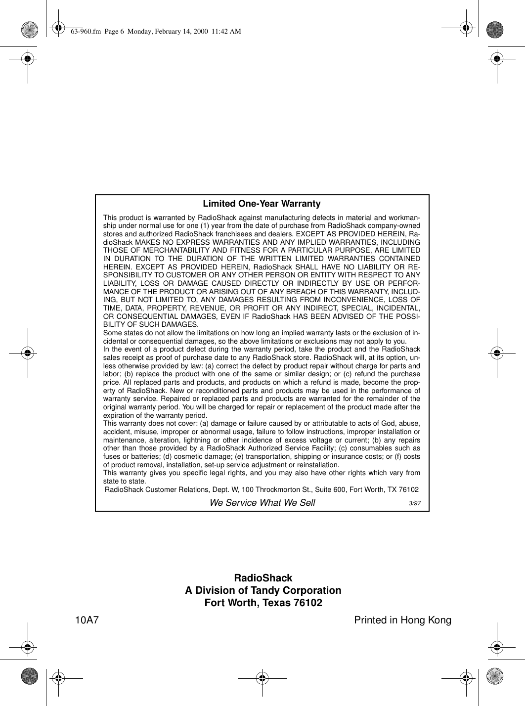 Page 6 of 6 - Radio-Shack Radio-Shack-63-960-Users-Manual-  Radio-shack-63-960-users-manual