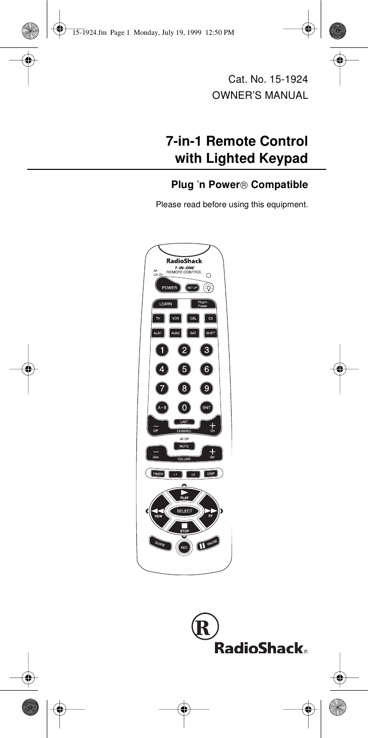 Radio Shack 7 In 1 Remote Control With Lighted Keypad Users Manual 15 1924