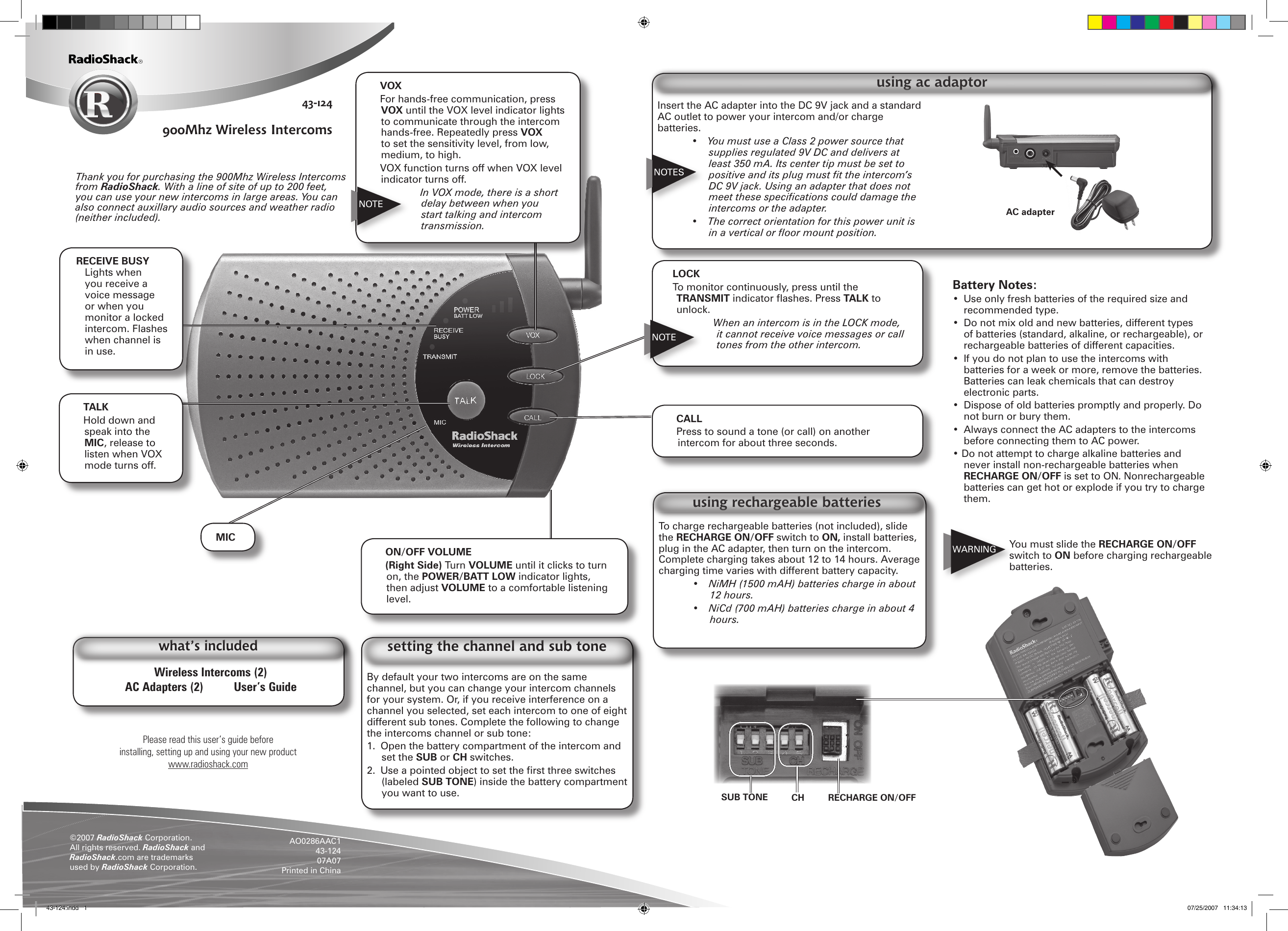 Page 1 of 2 - Radio-Shack Radio-Shack-900Mhz-Wireless-Intercoms-43-124-Users-Manual-  Radio-shack-900mhz-wireless-intercoms-43-124-users-manual