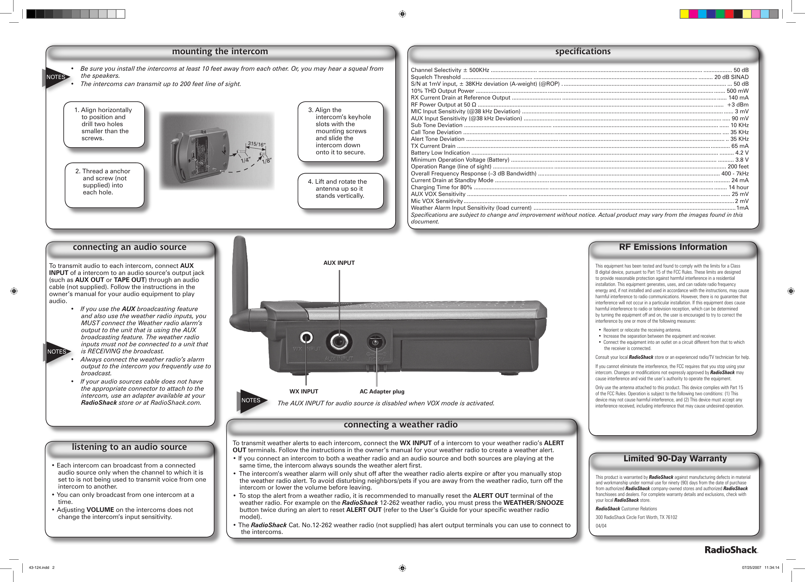 Page 2 of 2 - Radio-Shack Radio-Shack-900Mhz-Wireless-Intercoms-43-124-Users-Manual-  Radio-shack-900mhz-wireless-intercoms-43-124-users-manual