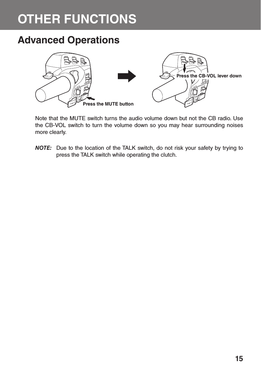 15OTHER FUNCTIONSAdvanced OperationsNote that the MUTE switch turns the audio volume down but not the CB radio. Use the CB-VOL switch to turn the volume down so you may hear surrounding noises more clearly.NOTE:  Due to the location of the TALK switch, do not risk your safety by trying to press the TALK switch while operating the clutch.Press the MUTE buttonPress the CB-VOL lever down