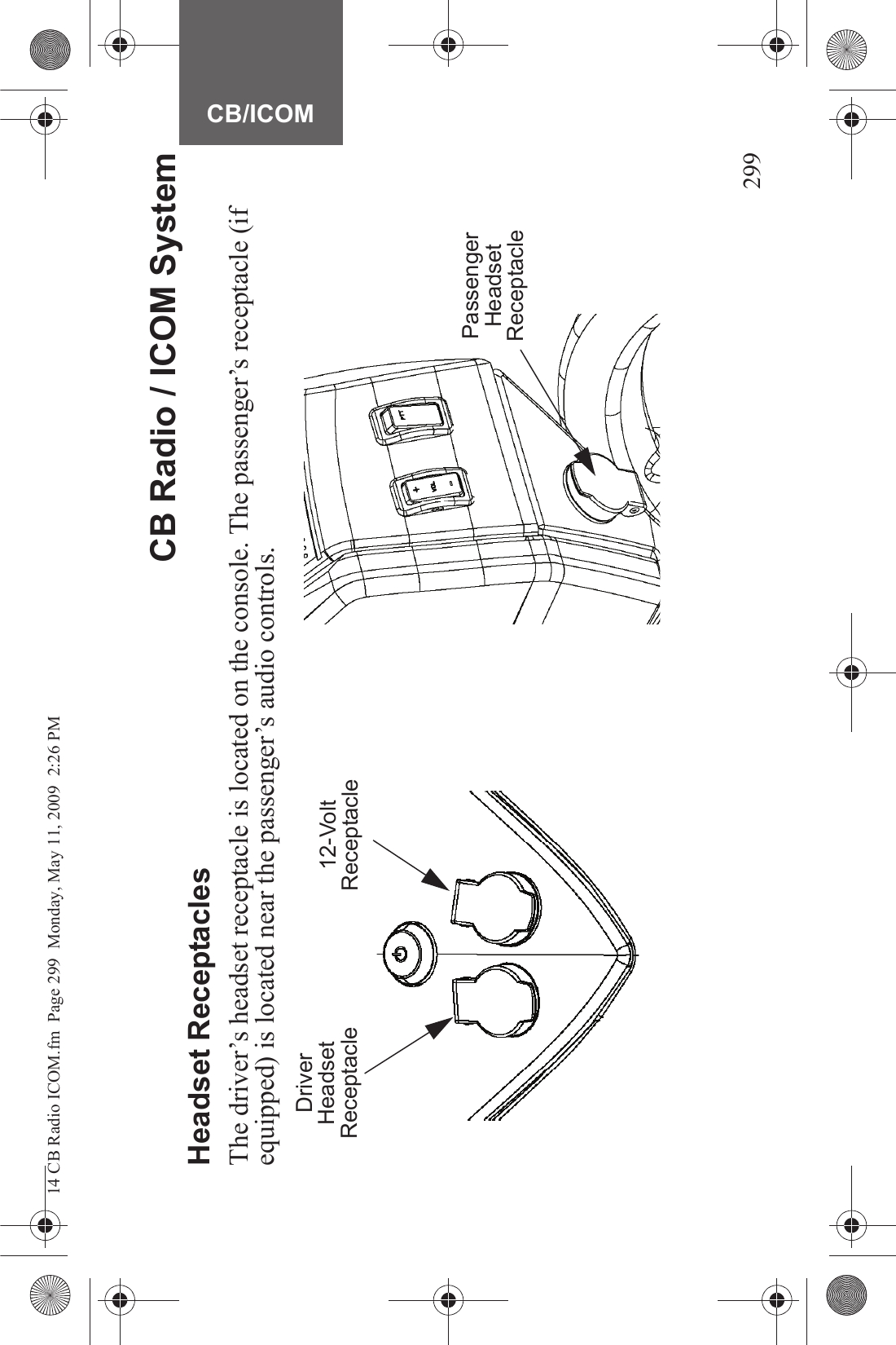 299CB/ICOMCB Radio / ICOM SystemHeadset ReceptaclesThe driver’s headset receptacle is located on the console. The passenger’s receptacle (if equipped) is located near the passenger’s audio controls.Driver Headset Receptacle12-Volt ReceptaclePassenger Headset Receptacle14 CB Radio ICOM.fm  Page 299  Monday, May 11, 2009  2:26 PM