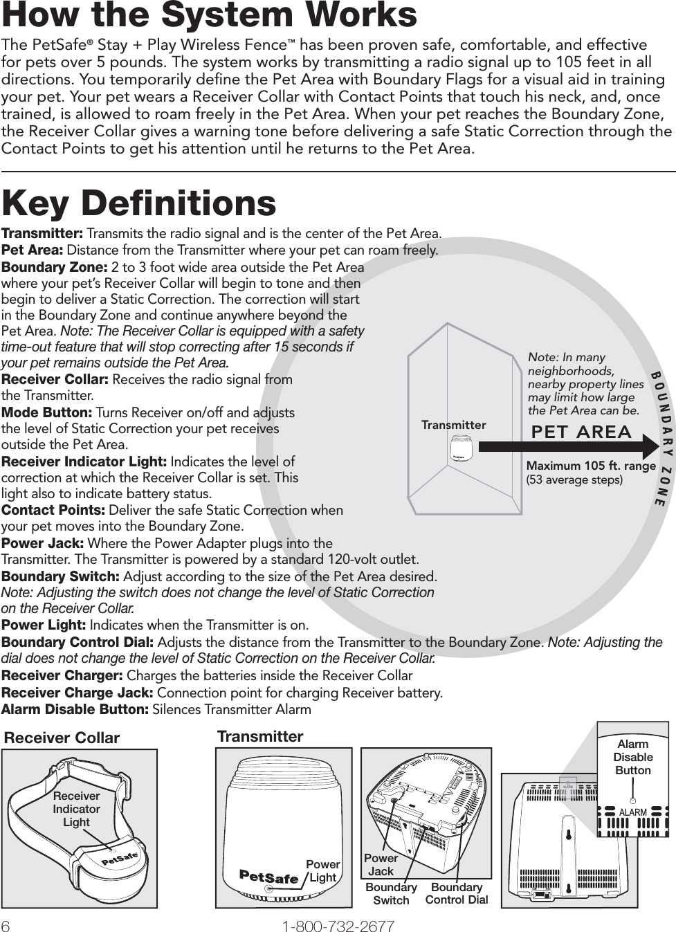 6 1-800-732-2677Note: In many neighborhoods, nearby property lines may limit how large the Pet Area can be. Maximum 105 ft. range(53 average steps)PET AREATransmitterHow the System WorksThe PetSafe® Stay + Play Wireless Fence™ has been proven safe, comfortable, and effective for pets over 5 pounds. The system works by transmitting a radio signal up to 105 feet in all directions. You temporarily deﬁ ne the Pet Area with Boundary Flags for a visual aid in training your pet. Your pet wears a Receiver Collar with Contact Points that touch his neck, and, once trained, is allowed to roam freely in the Pet Area. When your pet reaches the Boundary Zone, the Receiver Collar gives a warning tone before delivering a safe Static Correction through the Contact Points to get his attention until he returns to the Pet Area.Key DefinitionsTransmitter: Transmits the radio signal and is the center of the Pet Area.Pet Area: Distance from the Transmitter where your pet can roam freely.Boundary Zone: 2 to 3 foot wide area outside the Pet Area where your pet’s Receiver Collar will begin to tone and then begin to deliver a Static Correction. The correction will start in the Boundary Zone and continue anywhere beyond the Pet Area. Note: The Receiver Collar is equipped with a safety time-out feature that will stop correcting after 15 seconds if your pet remains outside the Pet Area.Receiver Collar: Receives the radio signal from the Transmitter.Mode Button: Turns Receiver on/off and adjusts the level of Static Correction your pet receives outside the Pet Area.Receiver Indicator Light: Indicates the level of correction at which the Receiver Collar is set. This light also to indicate battery status.Contact Points: Deliver the safe Static Correction when your pet moves into the Boundary Zone.Power Jack: Where the Power Adapter plugs into theTransmitter. The Transmitter is powered by a standard 120-volt outlet.Boundary Switch: Adjust according to the size of the Pet Area desired. Note: Adjusting the switch does not change the level of Static Correction on the Receiver Collar.Power Light: Indicates when the Transmitter is on.Boundary Control Dial: Adjusts the distance from the Transmitter to the Boundary Zone. Note: Adjusting the dial does not change the level of Static Correction on the Receiver Collar.Receiver Charger: Charges the batteries inside the Receiver CollarReceiver Charge Jack: Connection point for charging Receiver battery.Alarm Disable Button: Silences Transmitter AlarmReceiver CollarReceiver Indicator LightTransmitterPower LightLOW HIGHPower JackBoundary SwitchBoundary Control DialLOW HIGHALARMALARMALARMAlarmDisableButton