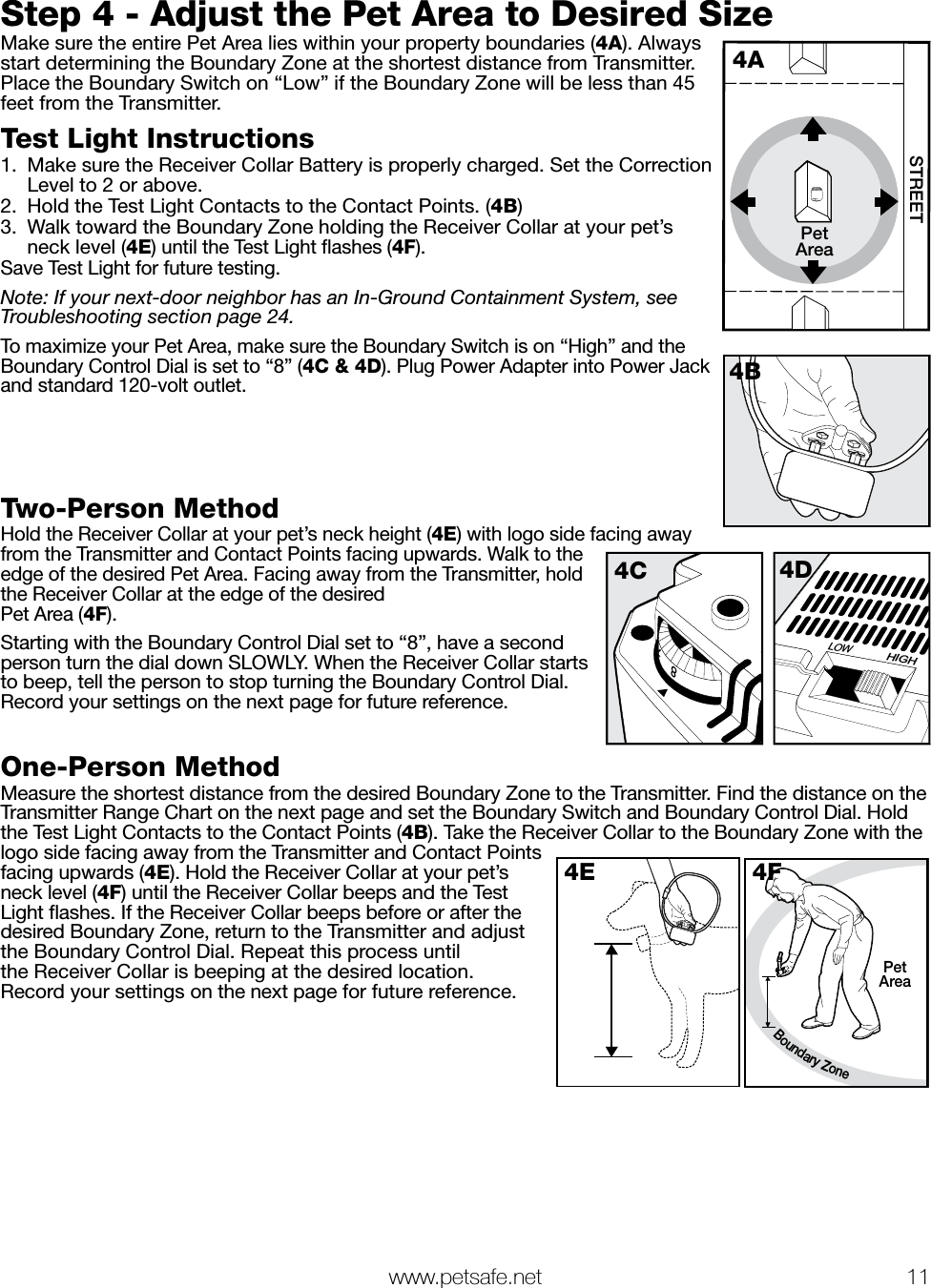   www.petsafe.net 11 Step 4 - Adjust the Pet Area to Desired SizeMake sure the entire Pet Area lies within your property boundaries (4A). Always start determining the Boundary Zone at the shortest distance from Transmitter. Place the Boundary Switch on “Low” if the Boundary Zone will be less than 45 feet from the Transmitter.Test Light Instructions1.  Make sure the Receiver Collar Battery is properly charged. Set the Correction Level to 2 or above.2.  Hold the Test Light Contacts to the Contact Points. (4B)3.  Walk toward the Boundary Zone holding the Receiver Collar at your pet’s  neck level (4E) until the Test Light ﬂashes (4F).Save Test Light for future testing.Note: If your next-door neighbor has an In-Ground Containment System, see Troubleshooting section page 24.To maximize your Pet Area, make sure the Boundary Switch is on “High” and the Boundary Control Dial is set to “8” (4C &amp; 4D). Plug Power Adapter into Power Jack and standard 120-volt outlet.Two-Person MethodHold the Receiver Collar at your pet’s neck height (4E) with logo side facing away from the Transmitter and Contact Points facing upwards. Walk to the edge of the desired Pet Area. Facing away from the Transmitter, hold the Receiver Collar at the edge of the desired  Pet Area (4F). Starting with the Boundary Control Dial set to “8”, have a second person turn the dial down SLOWLY. When the Receiver Collar starts to beep, tell the person to stop turning the Boundary Control Dial. Record your settings on the next page for future reference.One-Person MethodMeasure the shortest distance from the desired Boundary Zone to the Transmitter. Find the distance on the Transmitter Range Chart on the next page and set the Boundary Switch and Boundary Control Dial. Hold the Test Light Contacts to the Contact Points (4B). Take the Receiver Collar to the Boundary Zone with the logo side facing away from the Transmitter and Contact Points facing upwards (4E). Hold the Receiver Collar at your pet’s neck level (4F) until the Receiver Collar beeps and the Test Light ﬂashes. If the Receiver Collar beeps before or after the desired Boundary Zone, return to the Transmitter and adjust the Boundary Control Dial. Repeat this process until  the Receiver Collar is beeping at the desired location.  Record your settings on the next page for future reference.PetAreaSTREET4A4BLOWHIGH4D874C4EBoundary ZonePetArea4F