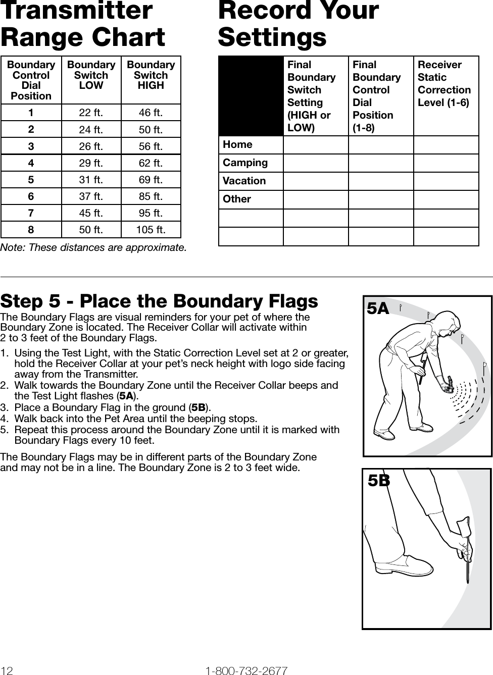 12 1-800-732-2677   www.petsafe.net 13 Transmitter Range ChartBoundaryControl DialPositionBoundarySwitchLOWBoundarySwitchHIGH122 ft. 46 ft.224 ft. 50 ft.326 ft. 56 ft.429 ft. 62 ft.531 ft. 69 ft.637 ft. 85 ft.745 ft. 95 ft.850 ft. 105 ft.Note: These distances are approximate.Record Your SettingsFinal Boundary Switch Setting(HIGH or LOW)Final Boundary Control DialPosition (1-8)Receiver Static Correction Level (1-6)HomeCampingVacationOther Step 5 - Place the Boundary FlagsThe Boundary Flags are visual reminders for your pet of where the  Boundary Zone is located. The Receiver Collar will activate within  2 to 3 feet of the Boundary Flags.1.  Using the Test Light, with the Static Correction Level set at 2 or greater, hold the Receiver Collar at your pet’s neck height with logo side facing away from the Transmitter. 2.  Walk towards the Boundary Zone until the Receiver Collar beeps and  the Test Light ﬂashes (5A). 3.  Place a Boundary Flag in the ground (5B). 4.  Walk back into the Pet Area until the beeping stops. 5.  Repeat this process around the Boundary Zone until it is marked with Boundary Flags every 10 feet. The Boundary Flags may be in different parts of the Boundary Zone  and may not be in a line. The Boundary Zone is 2 to 3 feet wide.5A5B