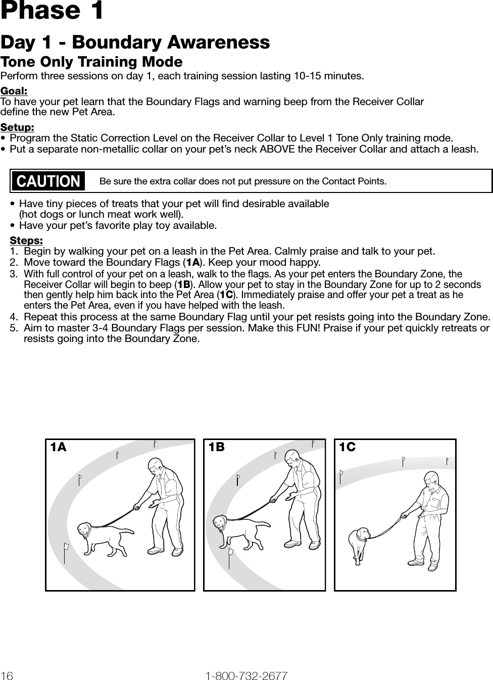 16 1-800-732-2677   www.petsafe.net 17 Phase 1Day 1 - Boundary AwarenessTone Only Training ModePerform three sessions on day 1, each training session lasting 10-15 minutes.Goal:To have your pet learn that the Boundary Flags and warning beep from the Receiver Collar  deﬁne the new Pet Area. Setup:•  Program the Static Correction Level on the Receiver Collar to Level 1 Tone Only training mode.•  Put a separate non-metallic collar on your pet’s neck ABOVE the Receiver Collar and attach a leash.Be sure the extra collar does not put pressure on the Contact Points.•  Have tiny pieces of treats that your pet will ﬁnd desirable available  (hot dogs or lunch meat work well).•  Have your pet’s favorite play toy available.Steps:1.  Begin by walking your pet on a leash in the Pet Area. Calmly praise and talk to your pet. 2.  Move toward the Boundary Flags (1A). Keep your mood happy.3.  With full control of your pet on a leash, walk to the ﬂags. As your pet enters the Boundary Zone, the Receiver Collar will begin to beep (1B). Allow your pet to stay in the Boundary Zone for up to 2 seconds then gently help him back into the Pet Area (1C). Immediately praise and offer your pet a treat as he enters the Pet Area, even if you have helped with the leash.4.  Repeat this process at the same Boundary Flag until your pet resists going into the Boundary Zone.5.  Aim to master 3-4 Boundary Flags per session. Make this FUN! Praise if your pet quickly retreats or resists going into the Boundary Zone. 1A 1B 1C