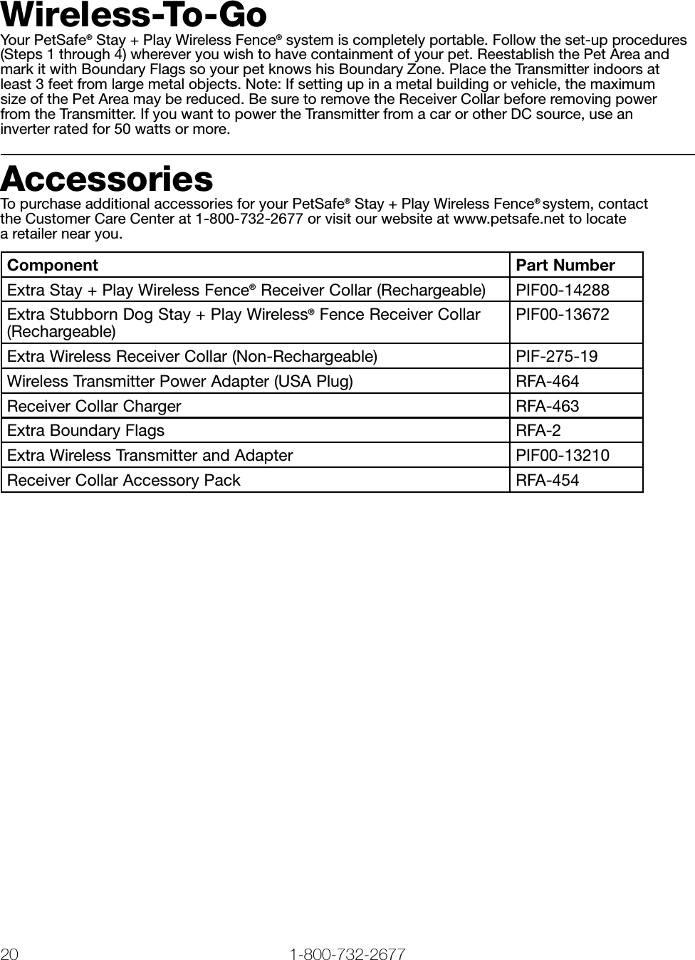 20 1-800-732-2677   www.petsafe.net 21 Wireless-To-GoYour PetSafe® Stay + Play Wireless Fence® system is completely portable. Follow the set-up procedures (Steps 1 through 4) wherever you wish to have containment of your pet. Reestablish the Pet Area and mark it with Boundary Flags so your pet knows his Boundary Zone. Place the Transmitter indoors at least 3 feet from large metal objects. Note: If setting up in a metal building or vehicle, the maximum  size of the Pet Area may be reduced. Be sure to remove the Receiver Collar before removing power  from the Transmitter. If you want to power the Transmitter from a car or other DC source, use an  inverter rated for 50 watts or more.AccessoriesTo purchase additional accessories for your PetSafe® Stay + Play Wireless Fence® system, contact  the Customer Care Center at 1-800-732-2677 or visit our website at www.petsafe.net to locate  a retailer near you.Component Part NumberExtra Stay + Play Wireless Fence® Receiver Collar (Rechargeable) PIF00-14288Extra Stubborn Dog Stay + Play Wireless® Fence Receiver Collar (Rechargeable)PIF00-13672Extra Wireless Receiver Collar (Non-Rechargeable) PIF-275-19Wireless Transmitter Power Adapter (USA Plug) RFA-464Receiver Collar Charger RFA-463Extra Boundary Flags RFA-2Extra Wireless Transmitter and Adapter PIF00-13210Receiver Collar Accessory Pack RFA-454
